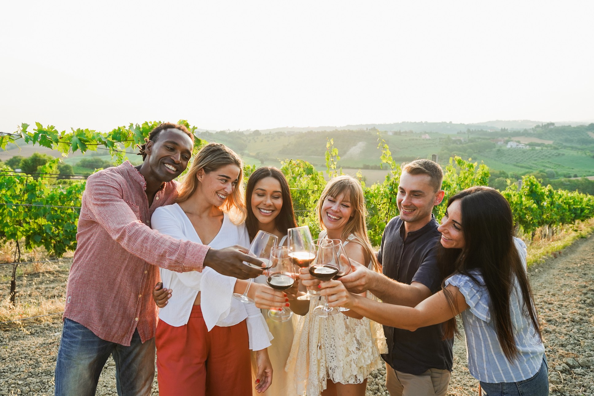 Happy friends cheering with red wine at countryside summer event - Multiracial people having fun during food tour vacation - Travel and holidays concept - Focus on center faces