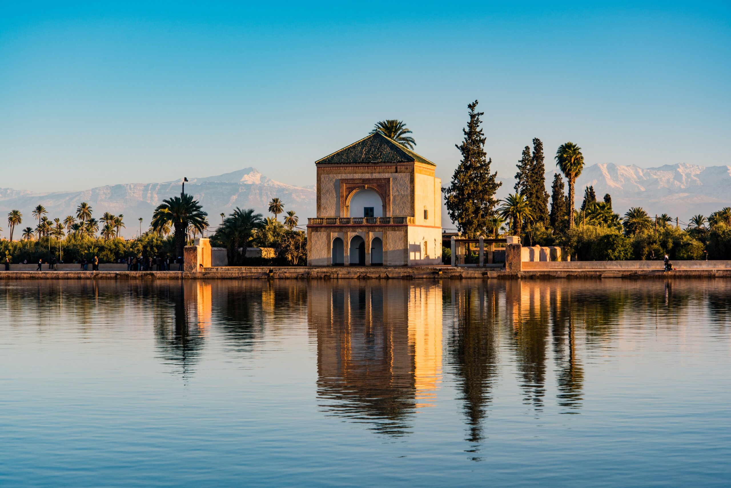 Saadian pavilion,Menara gardens and Atlas in Marrakech, Morocco, Africa
