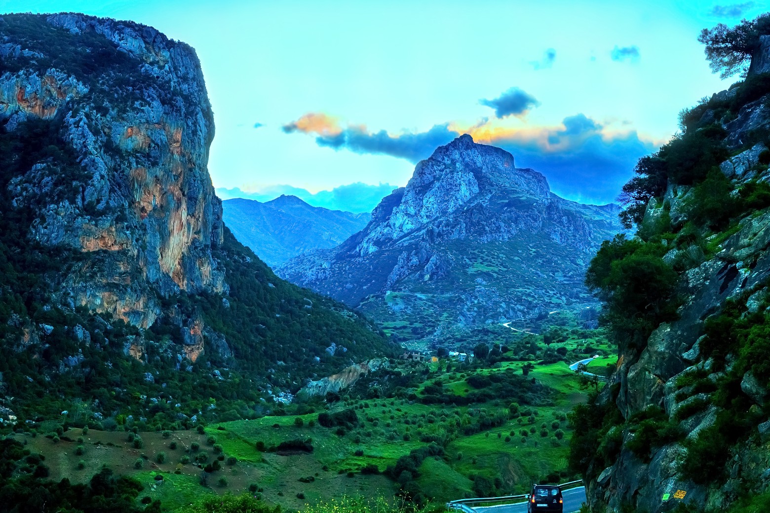 Beautiful sunset in a mountain valley along the road to Chefchaouen in Morocco
