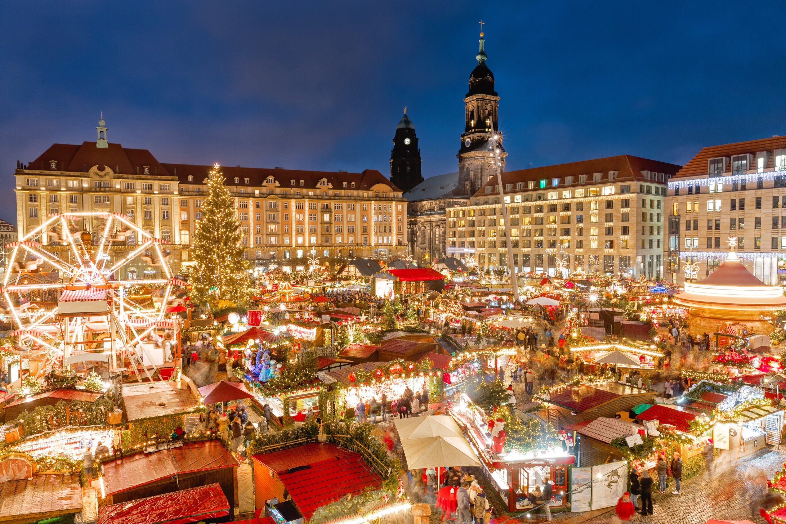 Christmas Market in Dresden, famous traditional European Winter holidays festive activity. Germany, Europe. Christmas vacations background, natural processing photo.