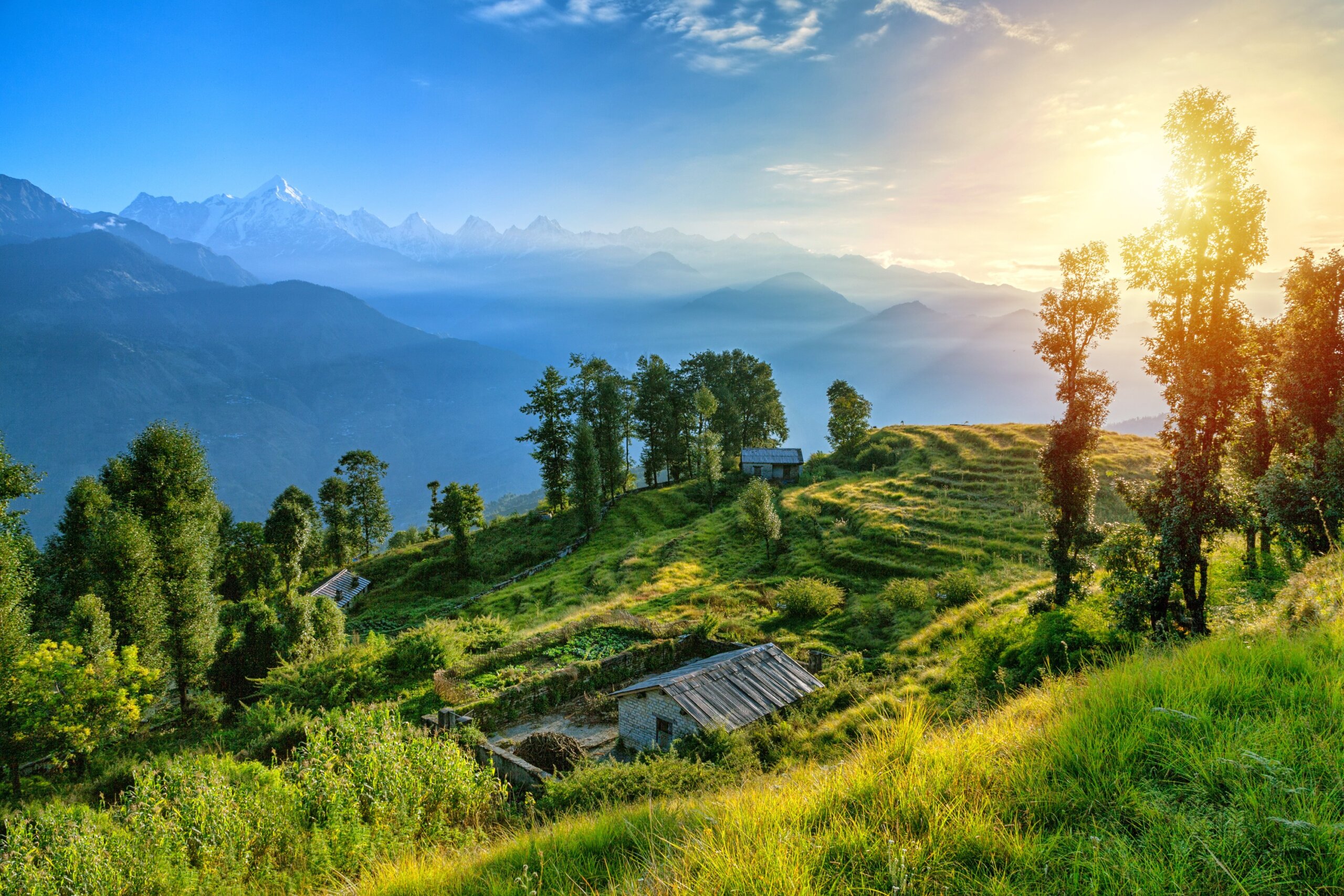View of beautiful Panchchuli Peaks of the Great Himalayas as seen from Munsiyari, Uttarakhand, India.
