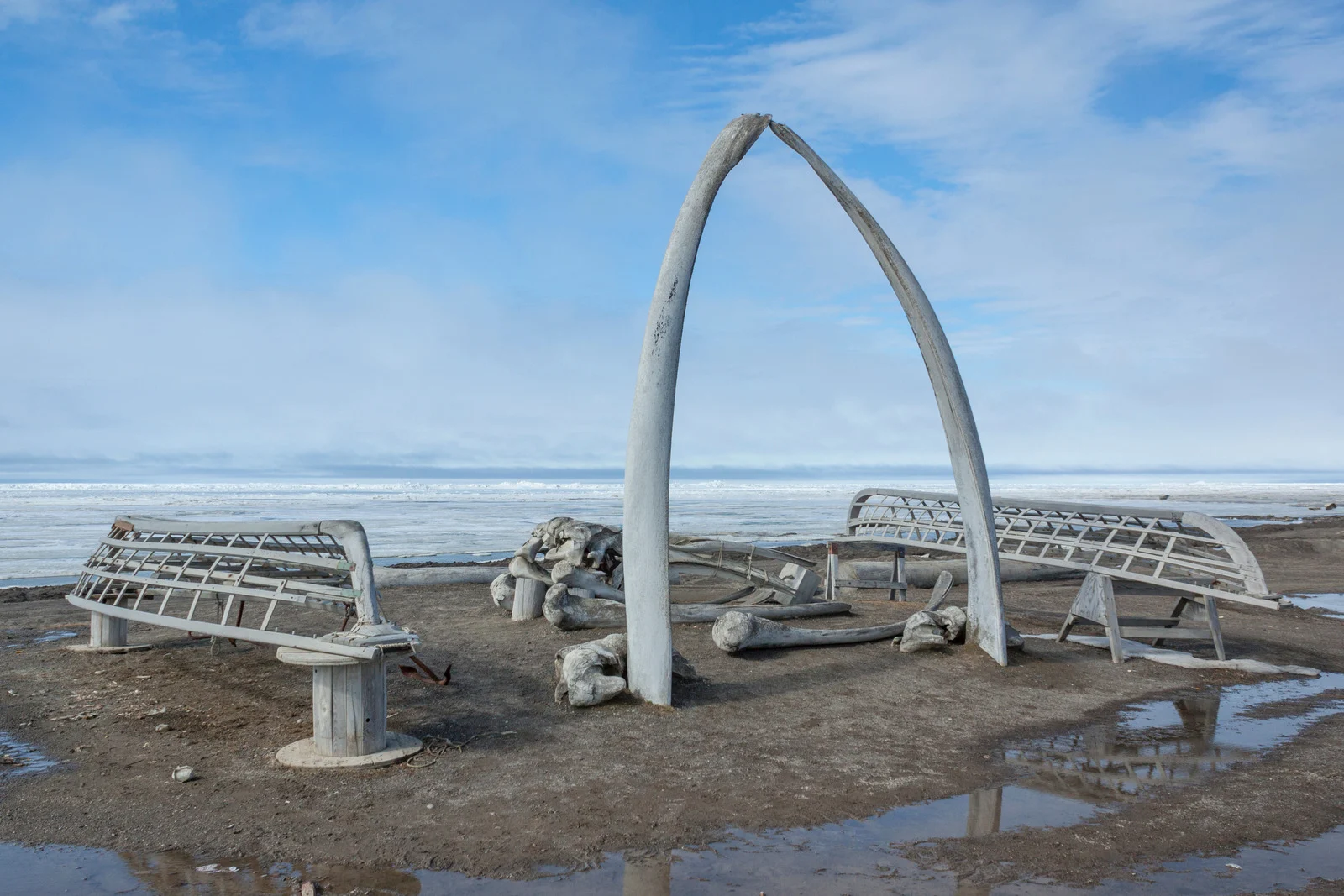 the iconic whale bone arch next to the arctic sea on a sunny summer day in the far north of barrow, alaska