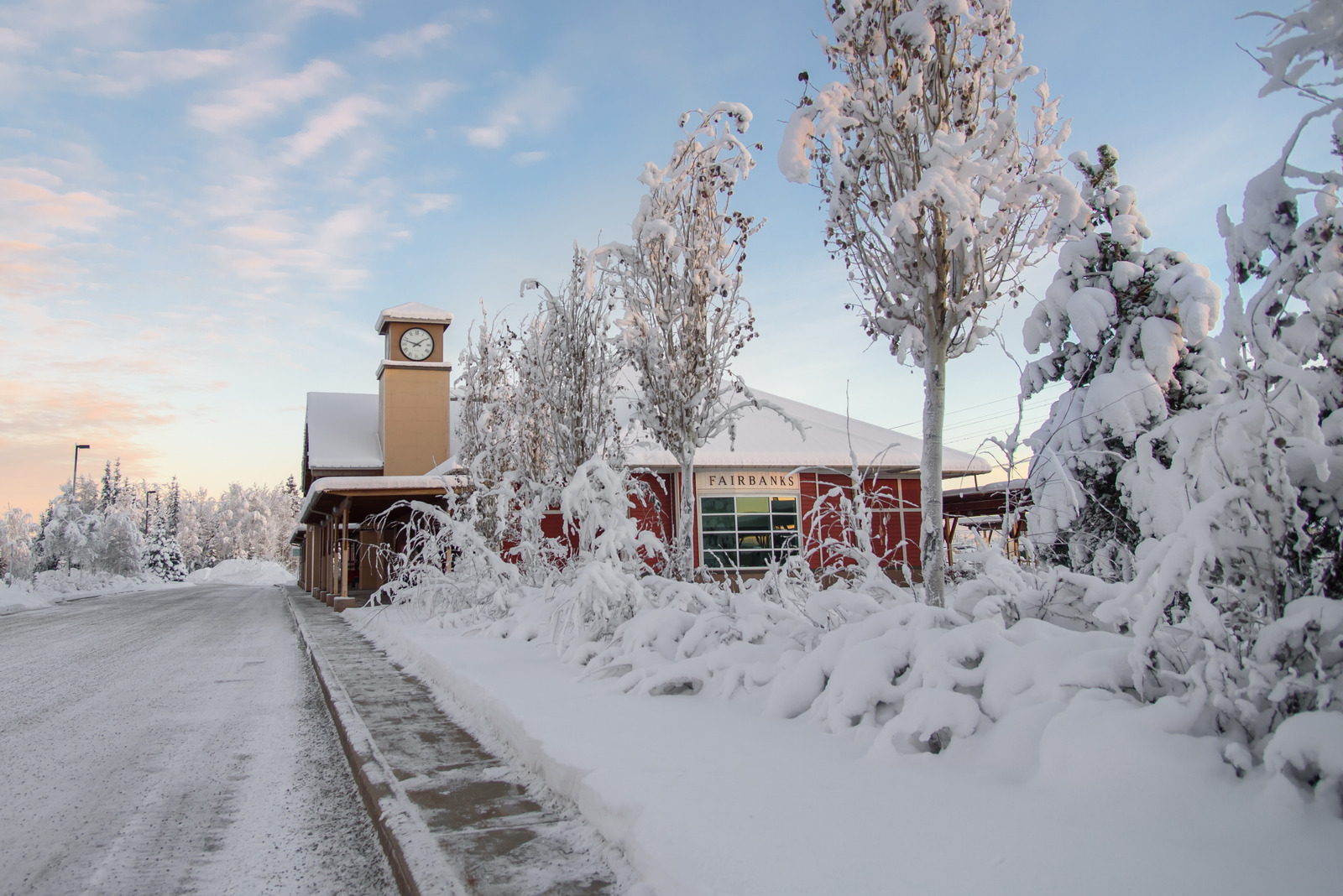 Snow-covered town street in a U.S. town where winter lasts half the year