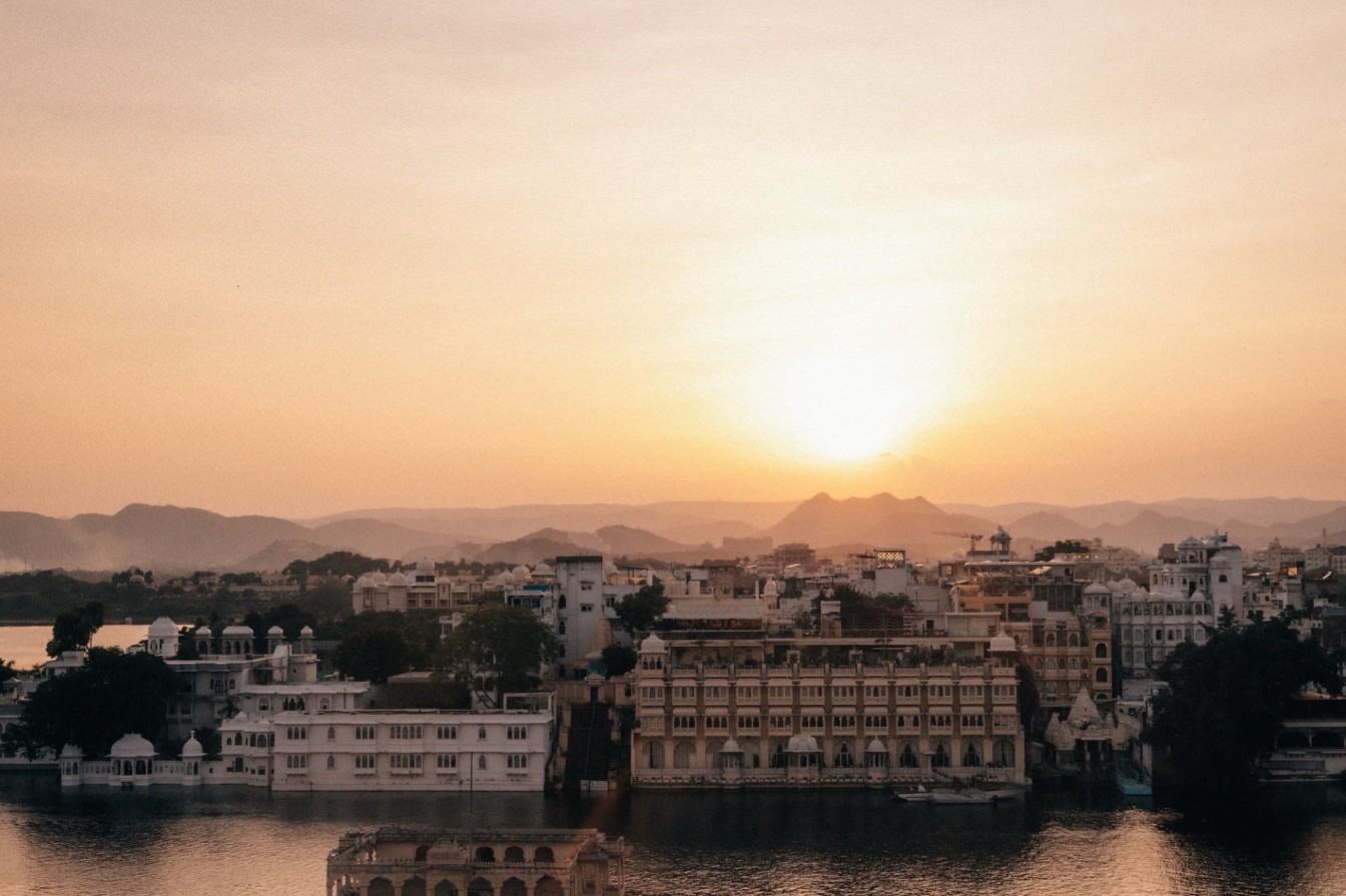 Sunset views of Udaipur from the rooftop of Dreamyard Hostel. 

