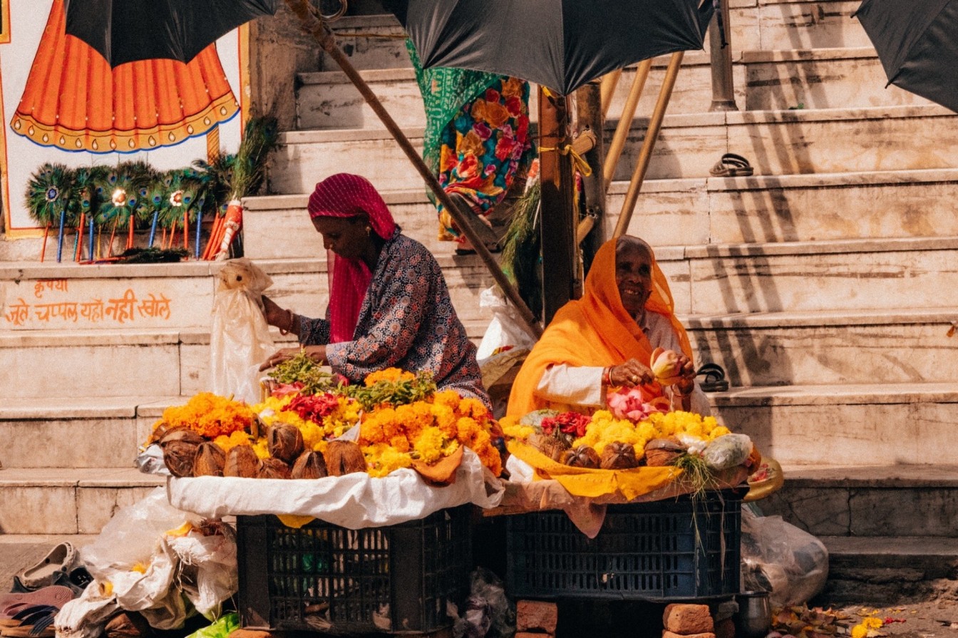 Local women outside one of the main temples selling flowers as offerings. 
