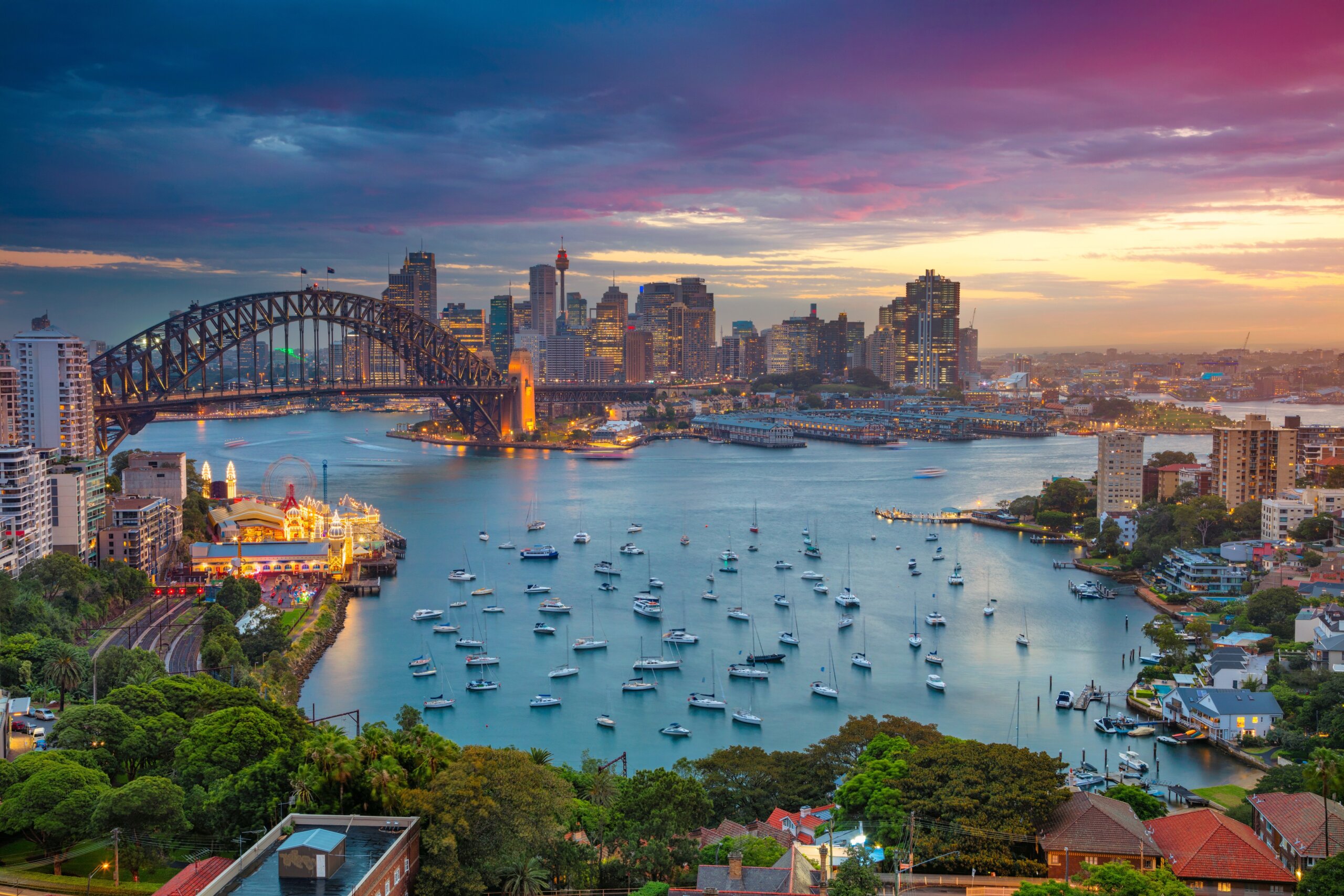 Sydney. Cityscape image of Sydney, Australia with Harbour Bridge and Sydney skyline during sunset.