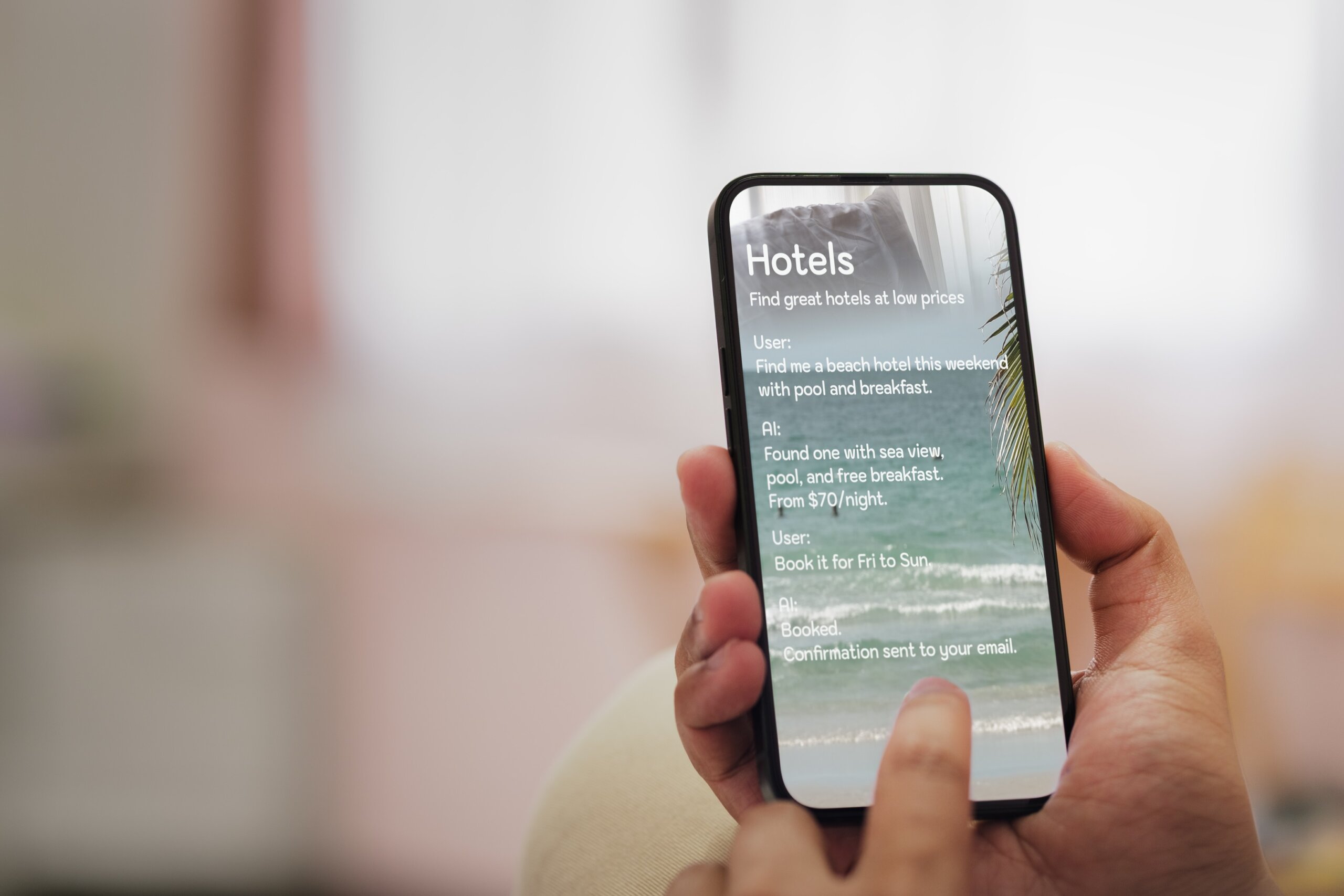 AI-assisted hotel booking concept showcasing speed, accuracy, and convenience, with focus on app development, UX UI design, and modern travel technology.