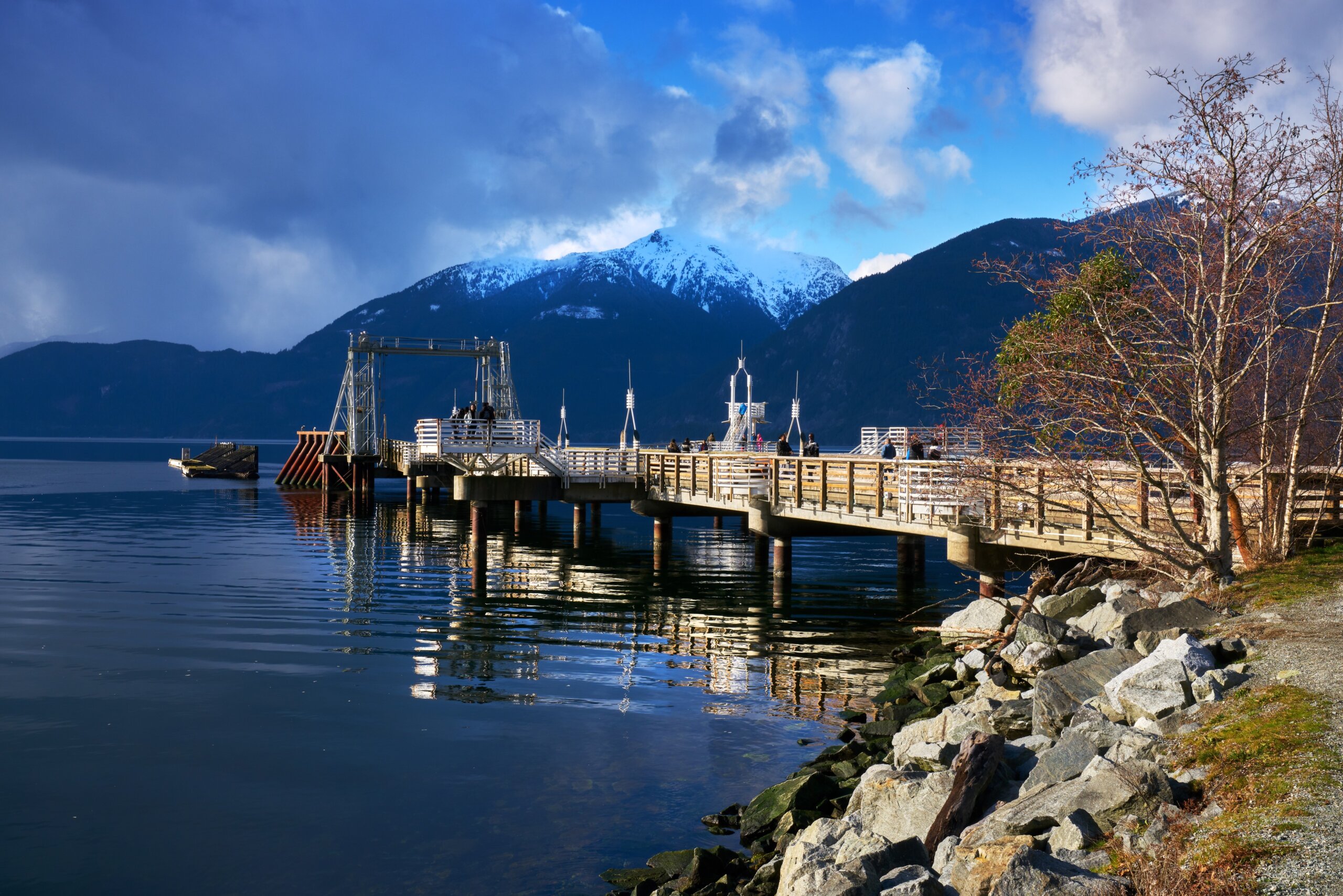 Squamish, Canada – February 7, 2021 - Porteau Cove Provincial Park Pier. A sunny winter day at Porteau Cove Provincial Park, British Columbia, near Vancouver. 