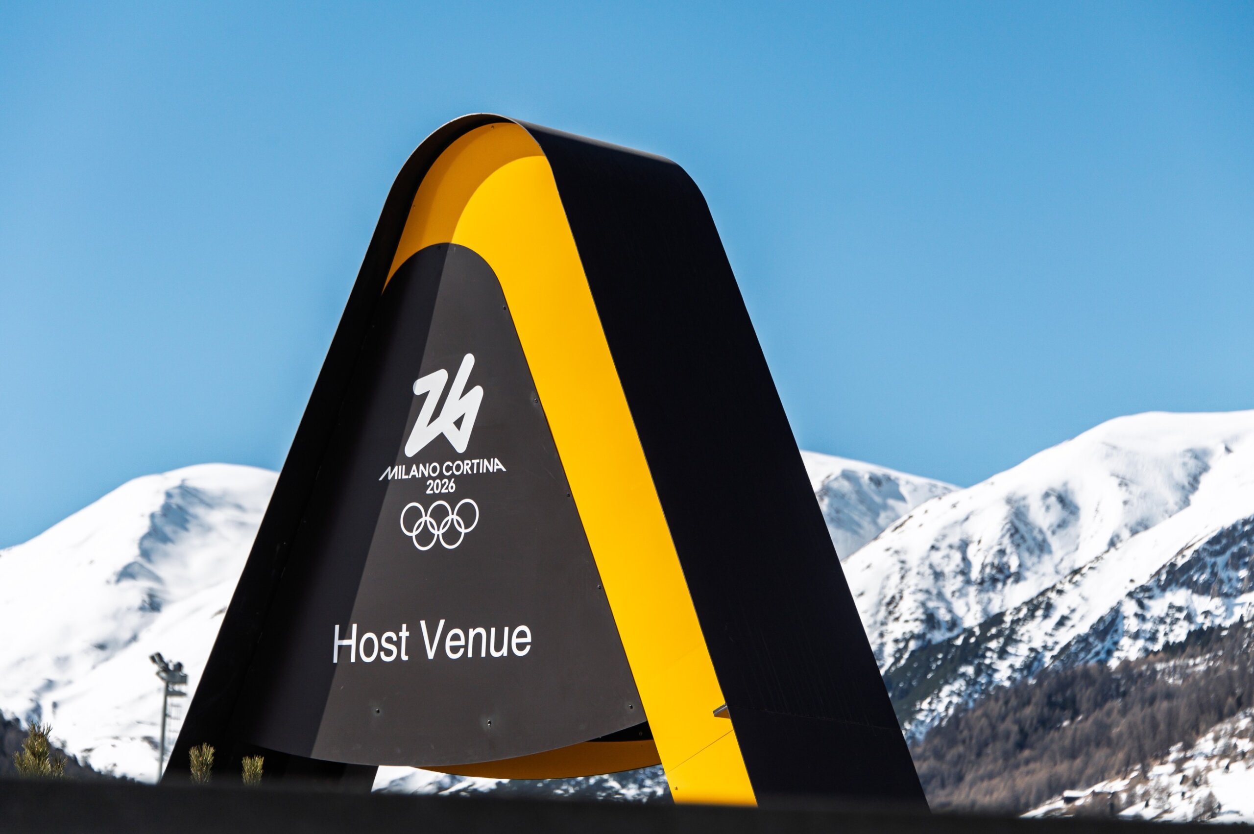 Host Venue sign in Livigno. City will host the snowboard and freestyle competitions at the Olympic Winter Games Milano Cortina 2026