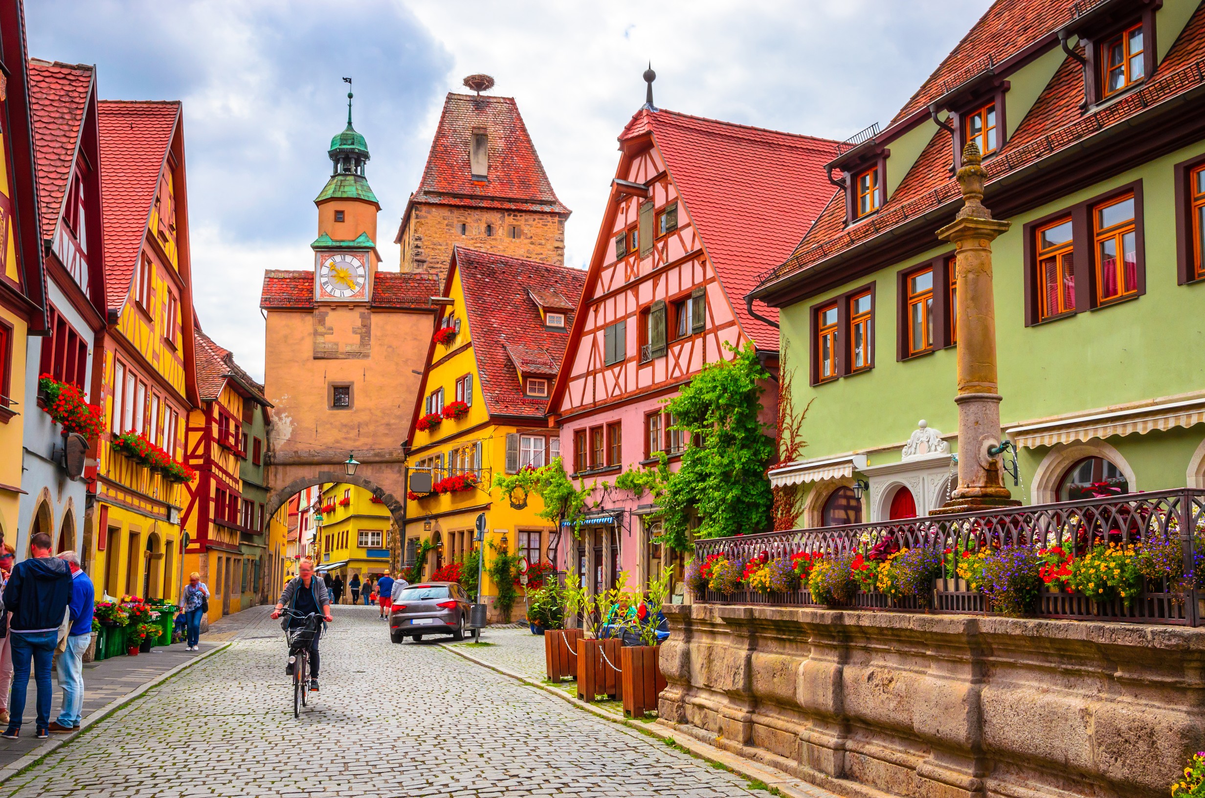 Beautiful streets in Rothenburg ob der Tauber with traditional German houses, Bavaria, Germany