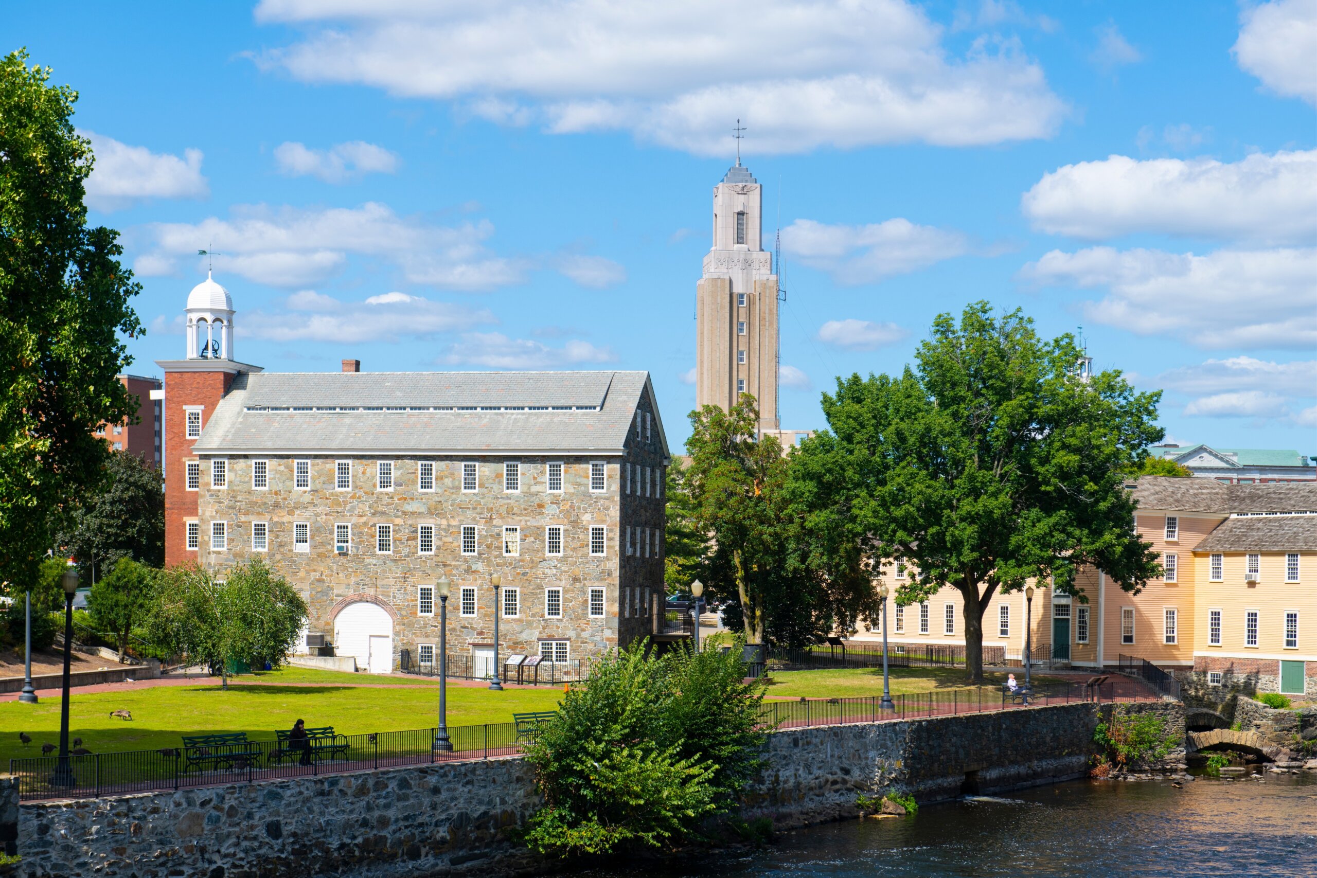 Historic Wilkinson Mill building in Old Slater Mill National Historic Landmark on Roosevelt Avenue in downtown Pawtucket, Rhode Island RI, USA.
