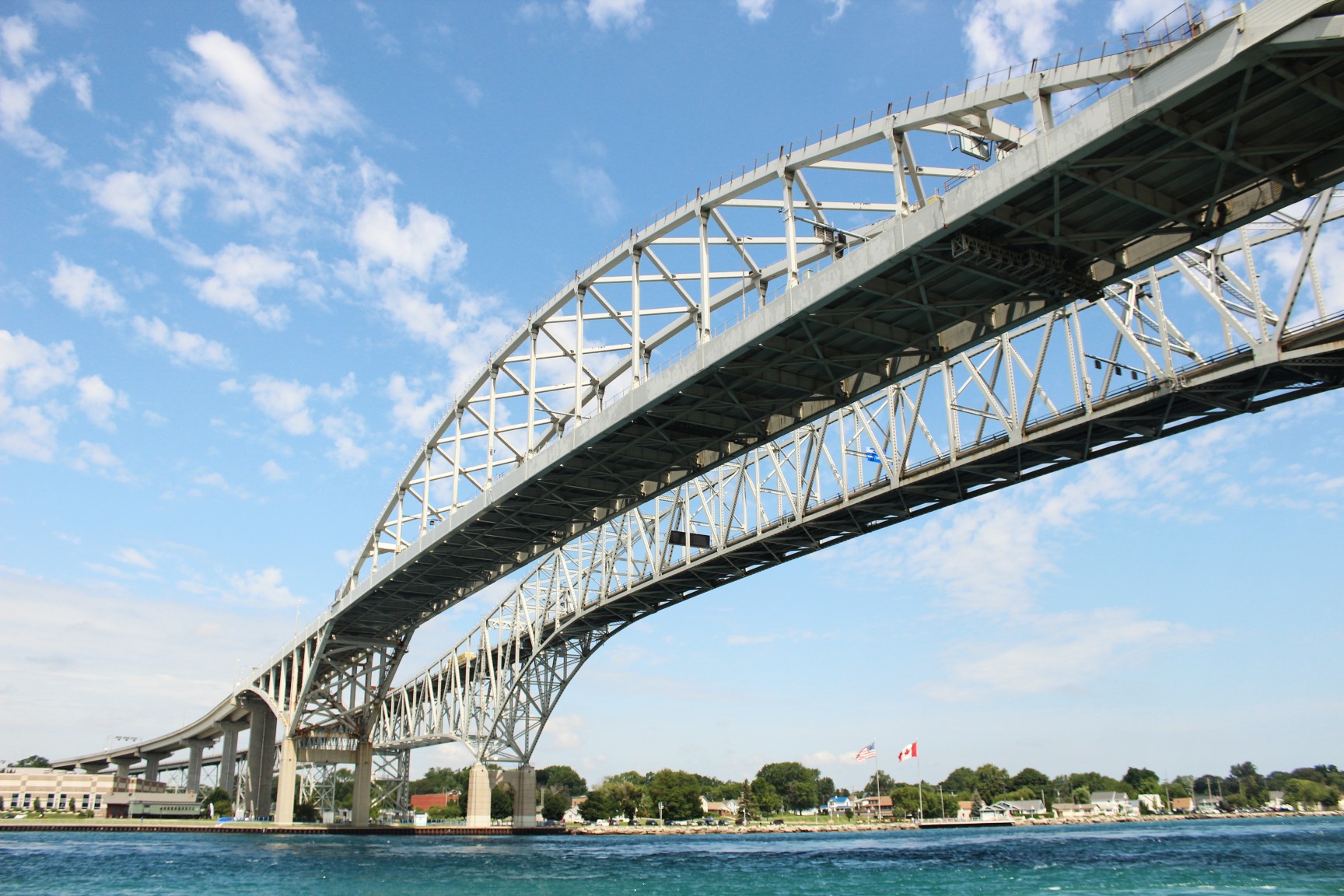 Sarnia, Ontario, Canada - July 17, 2021: Blue Water Bridge, a border crossing bridge between the U.S.A and Canada.