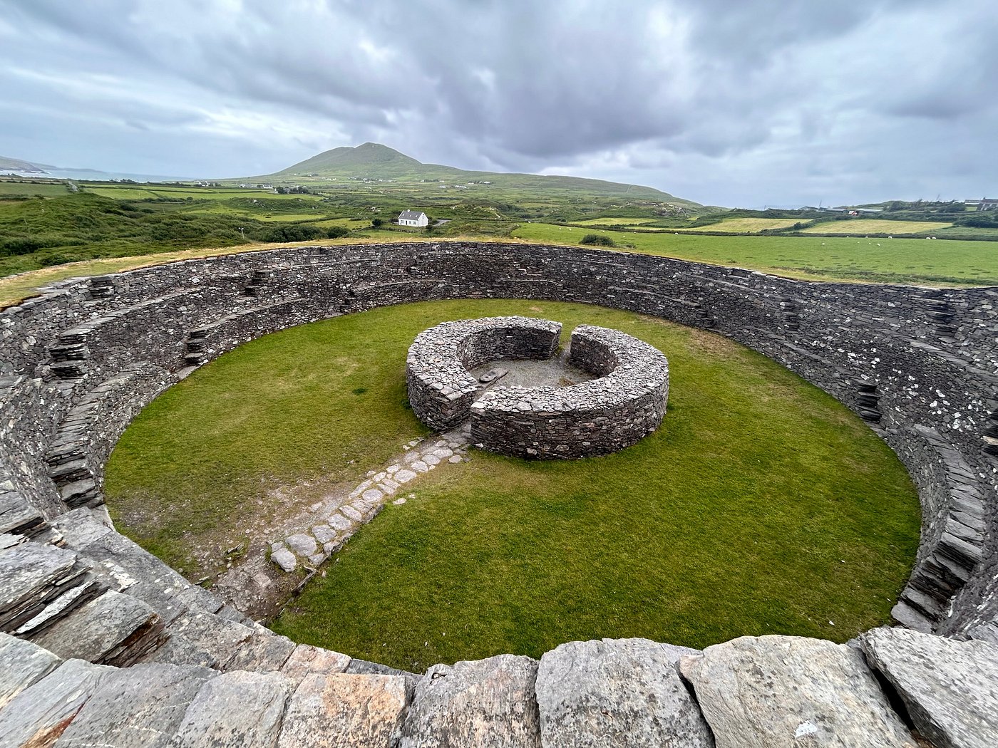 Cahergal Ring Fort in County Kerry, an ancient Irish site with circular stone walls overlooking the countryside
