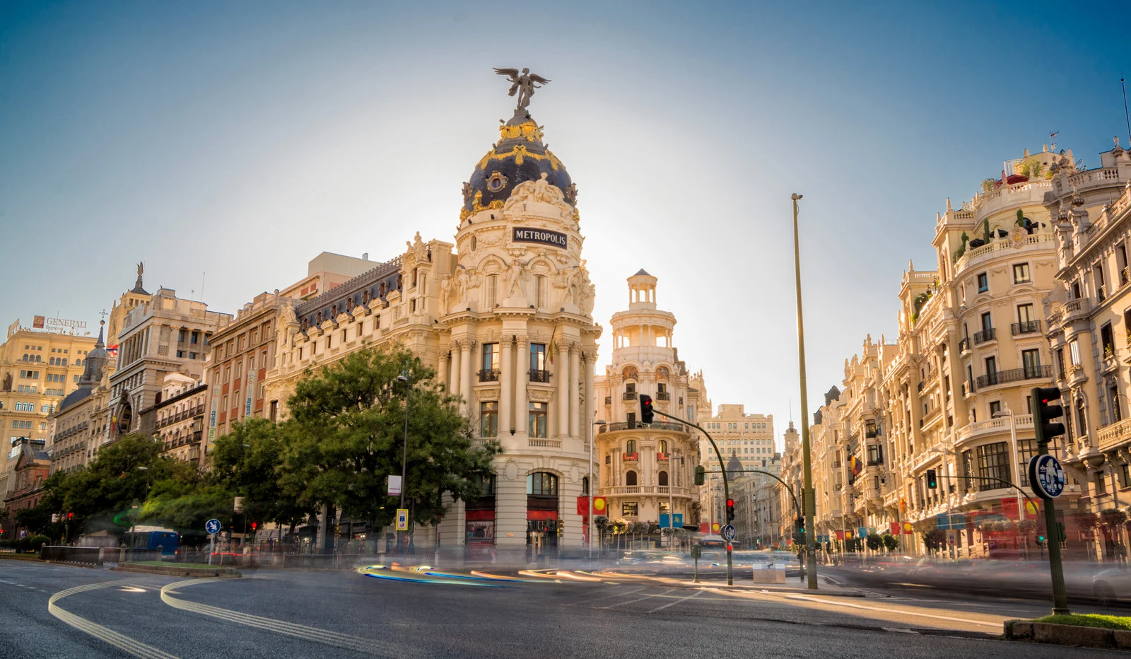 Madrid Spain city center with historic buildings at sunset