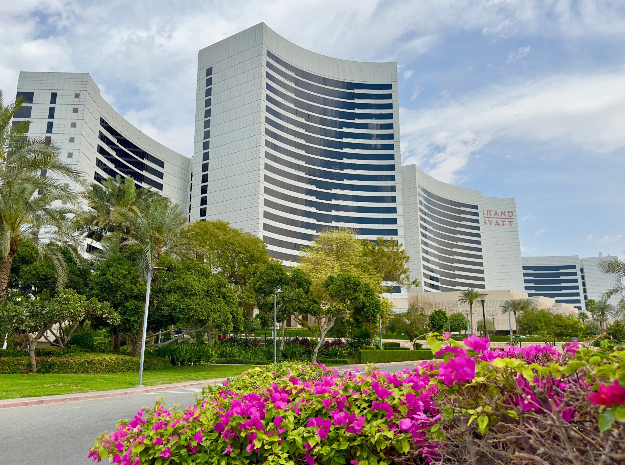 An exterior view of the Grand Hyatt, a luxury hotel in Dubai, United Arab Emirates.
