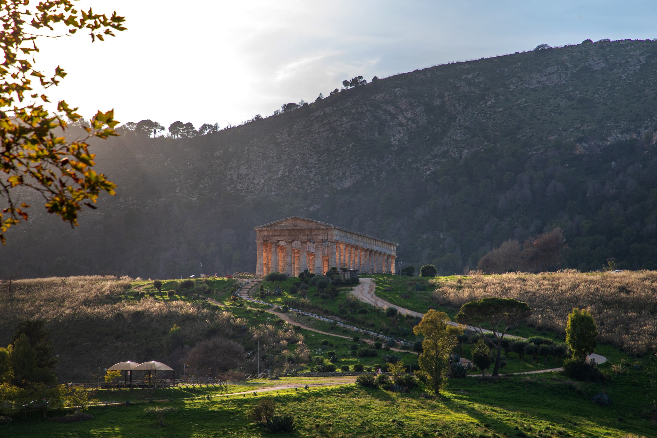 Ancient Greek Temple of Segesta at Sunset in Sicilian Landscape
