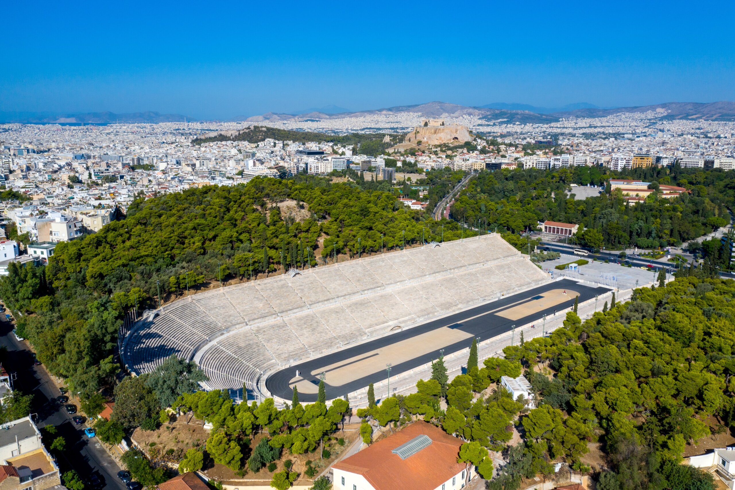 Panathenaic stadium in Athens at night, Greece (hosted the first modern Olympic Games in 1896), also known as Kalimarmaro

