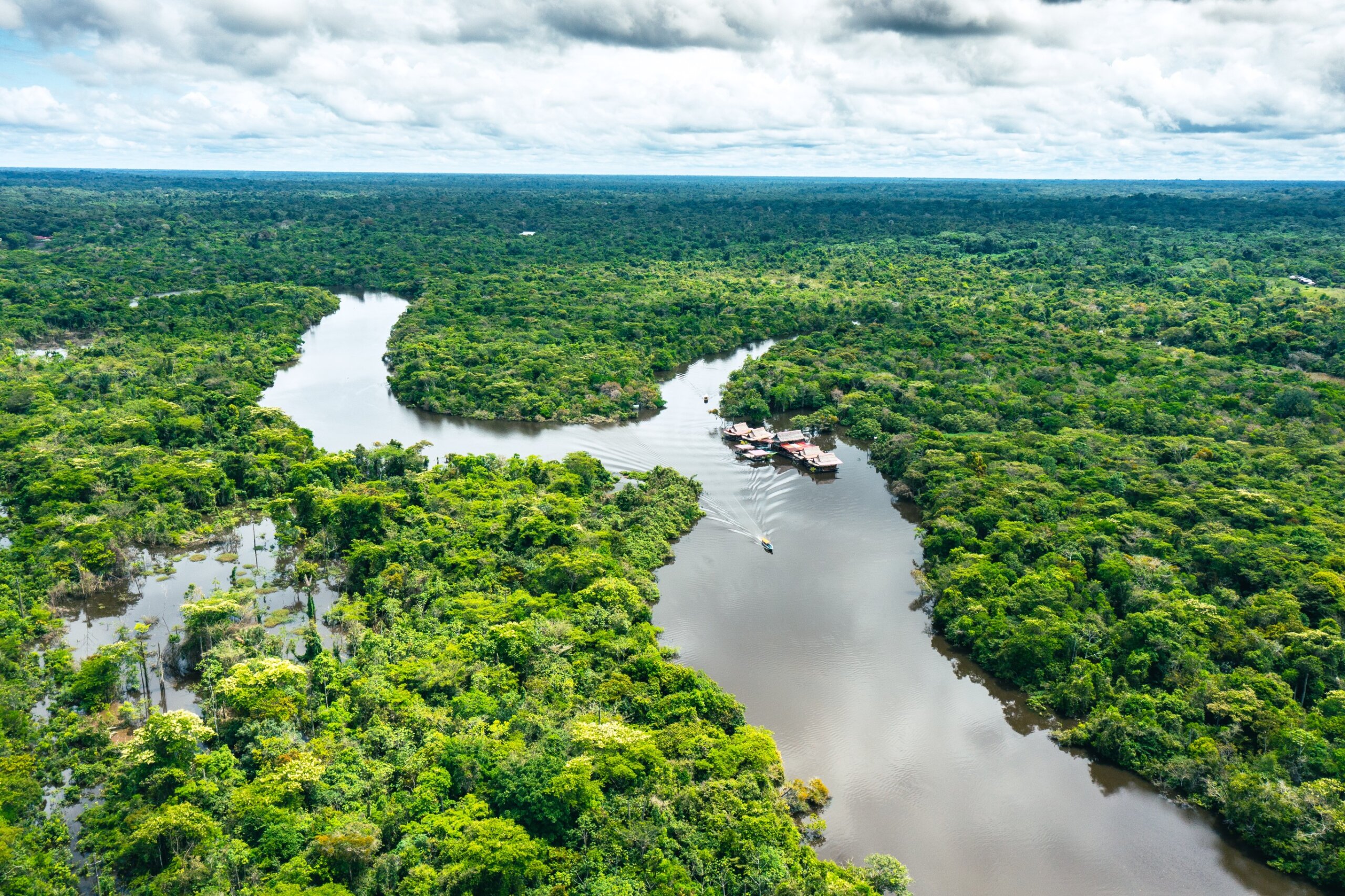 Peru. Aerial view of Rio Momon. Top View of Amazon Rainforest, near Iquitos, Peru. South America.
