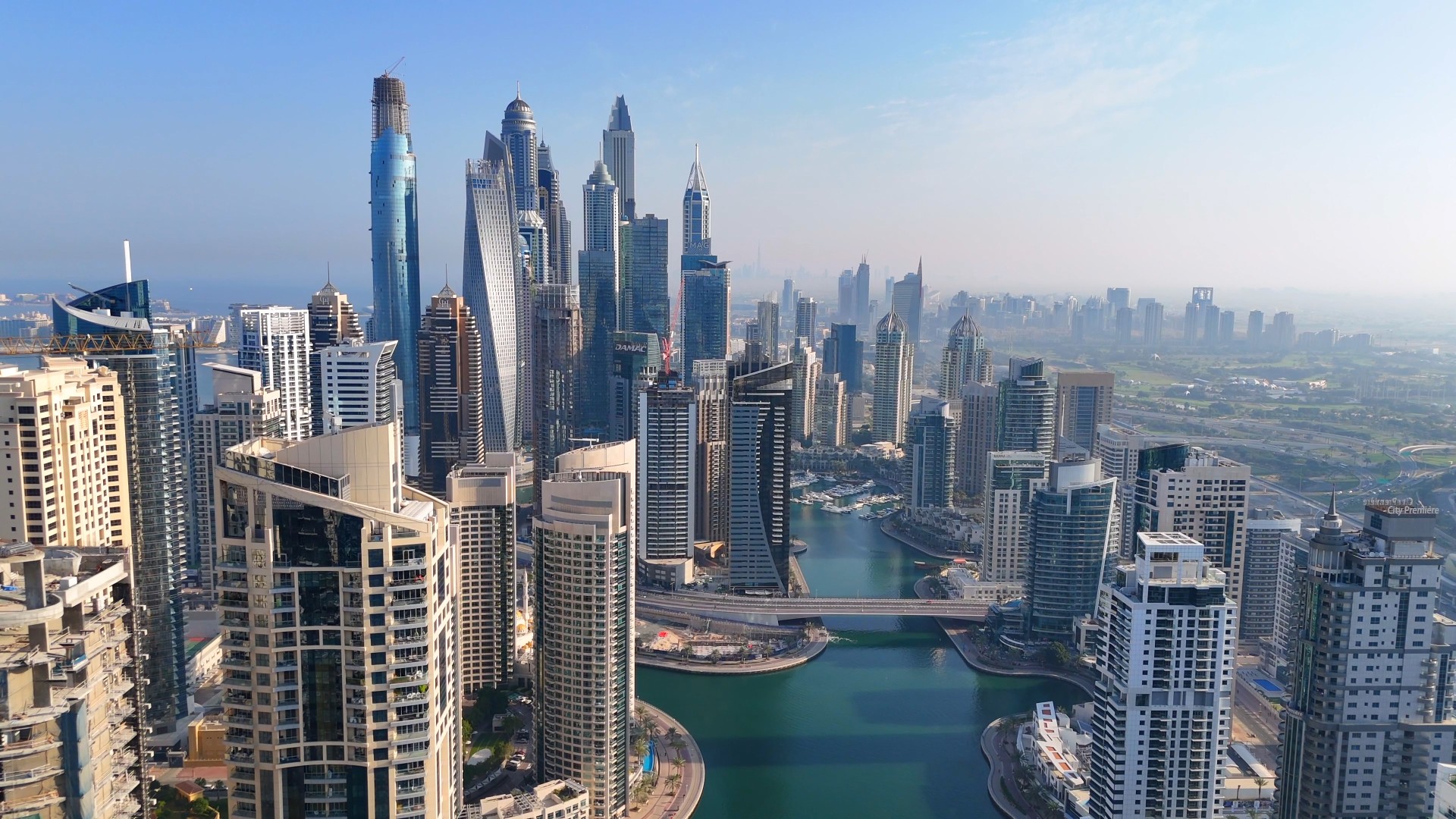Aerial view of Dubai Marina. Dubai Marina is an affluent residential neighborhood known for The Beach at JBR.