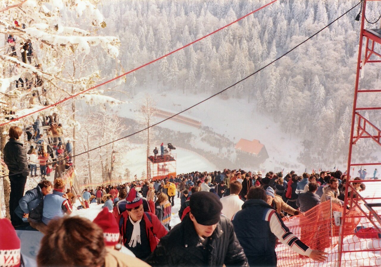 A view towards the finishing line at the event of Men's Slalom on the mountain of Bjelašnica - 19 February 1984