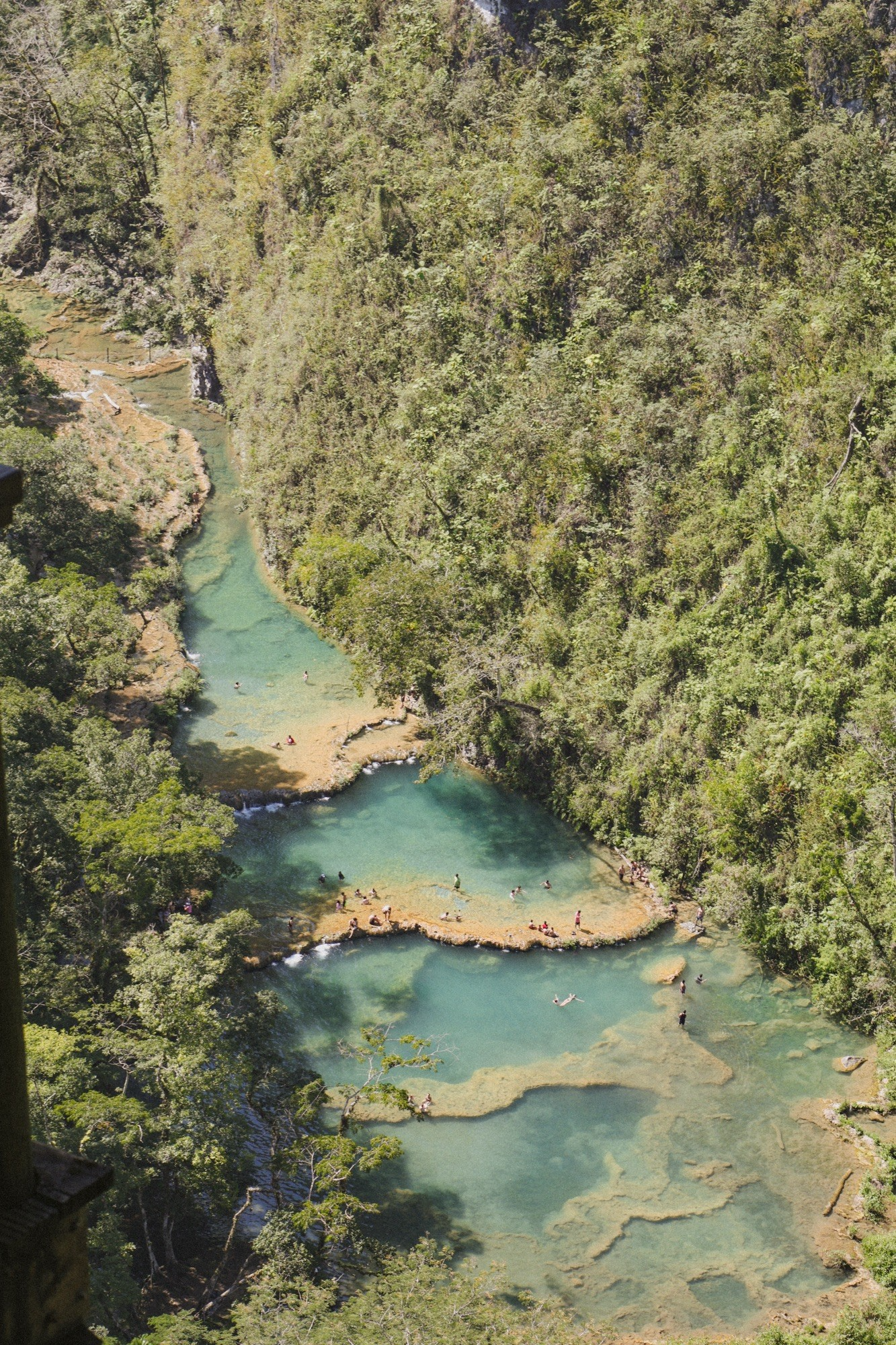 Turquoise jungle river pools in Belize surrounded by dense forest, with people swimming