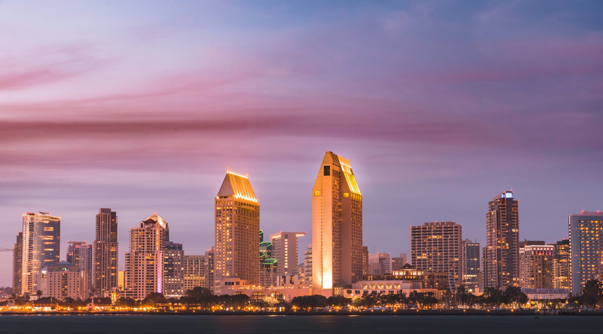 San Diego skyline at sunset with waterfront view, one of the best U.S. cities for female solo travelers