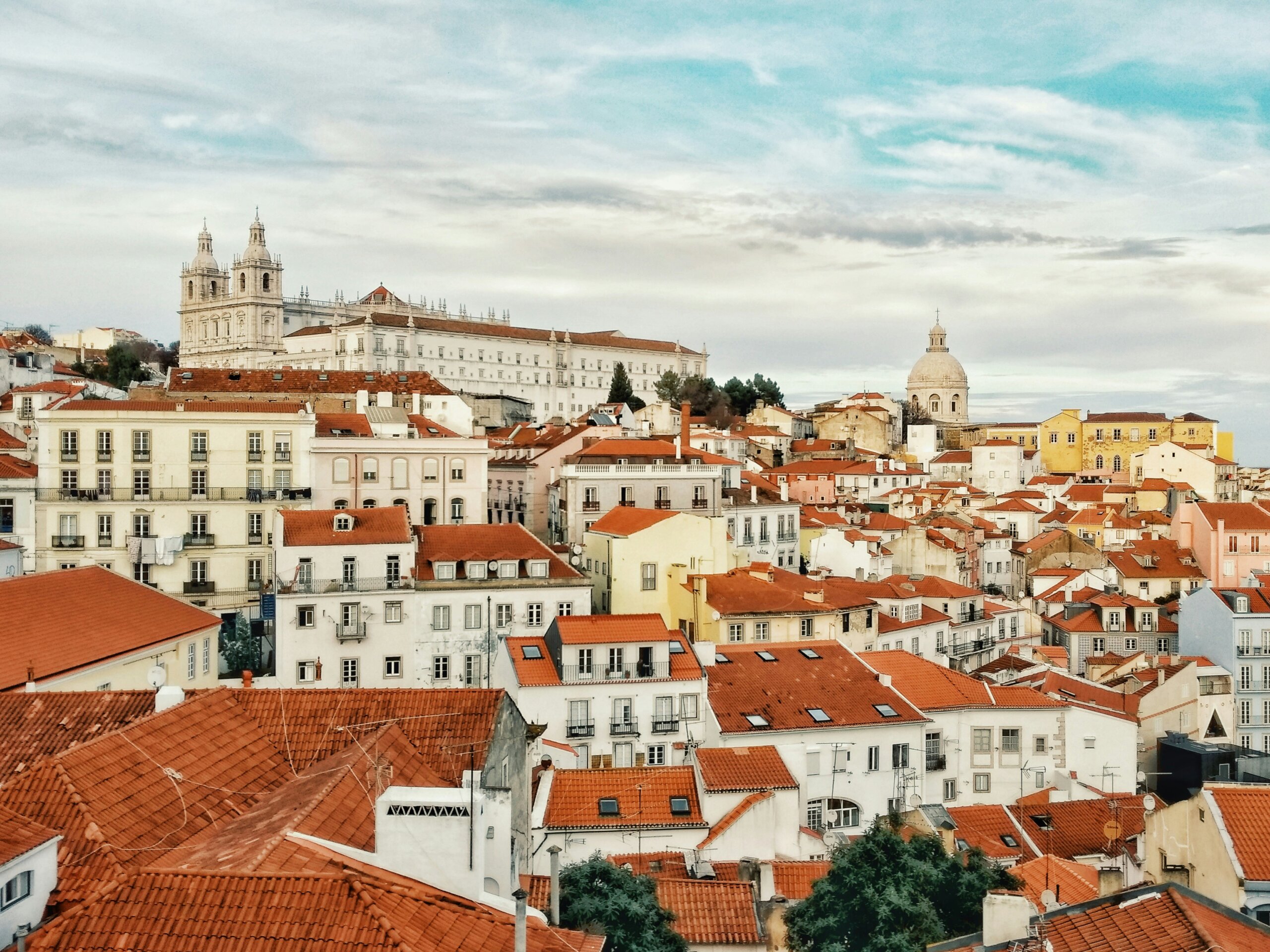 Lisbon city rooftops and historic skyline in February