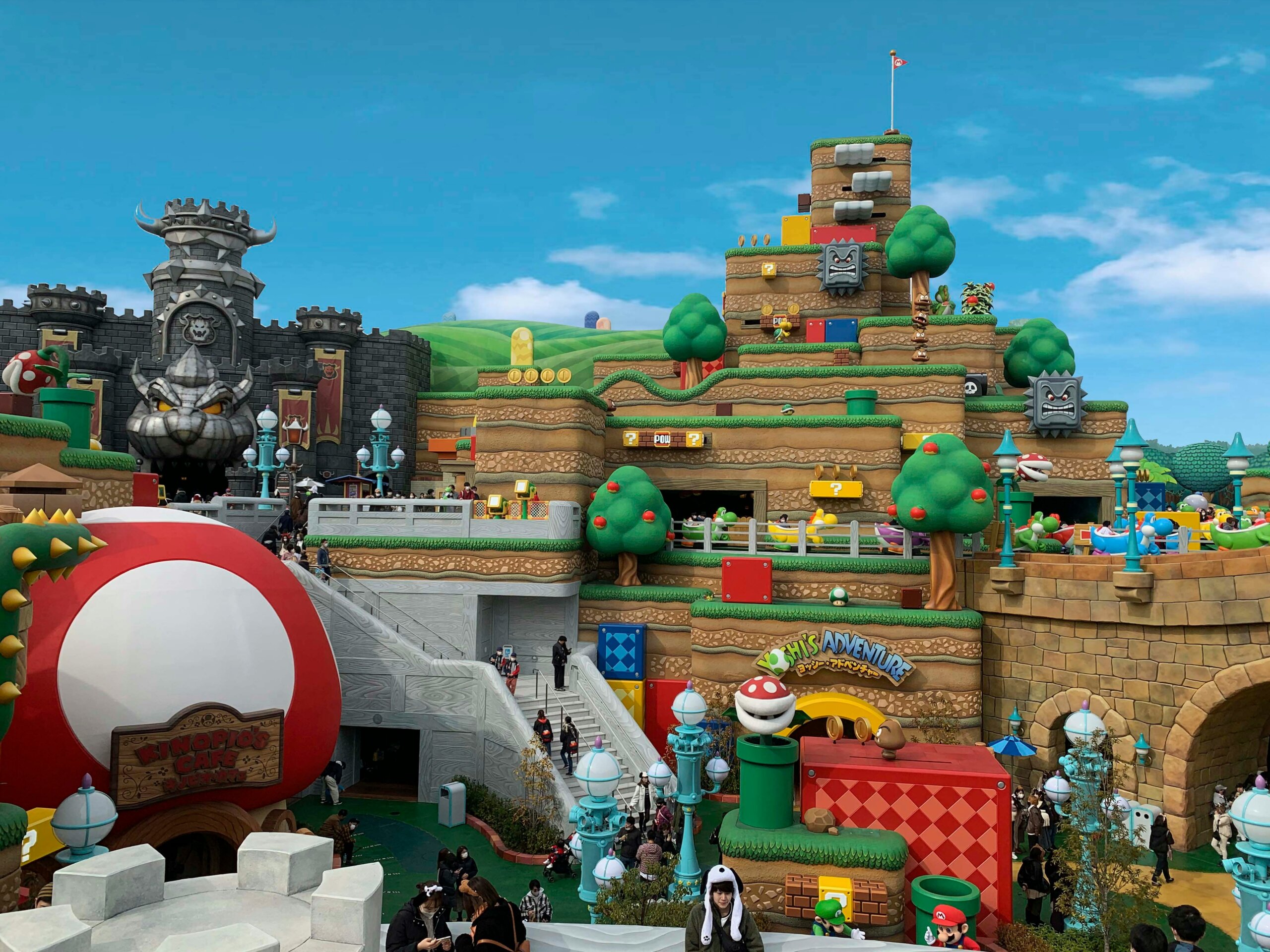 Super Nintendo World with Mario themed landscape and attractions at Universal Studios Japan