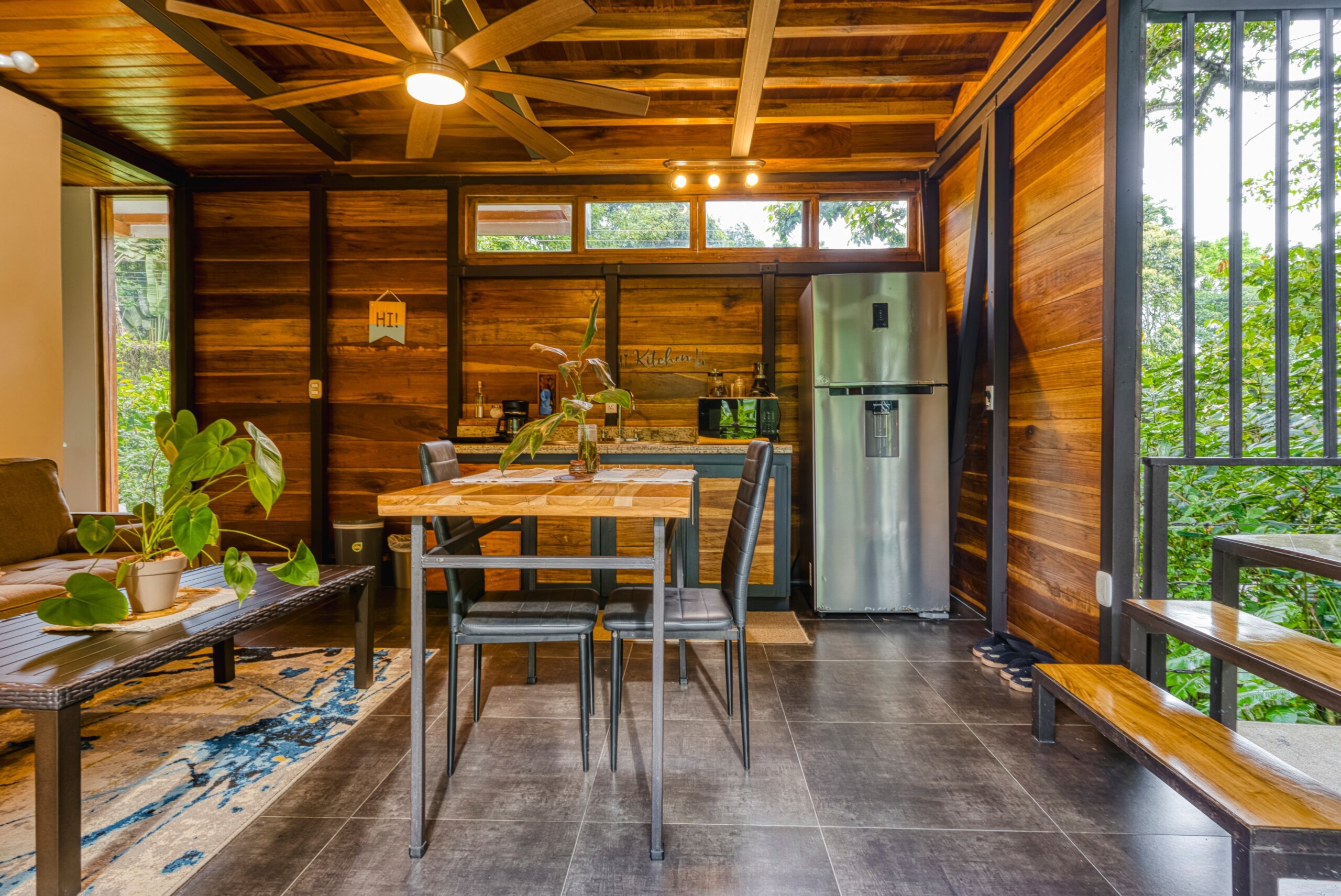 Open concept living room and kitchen in modern cabin