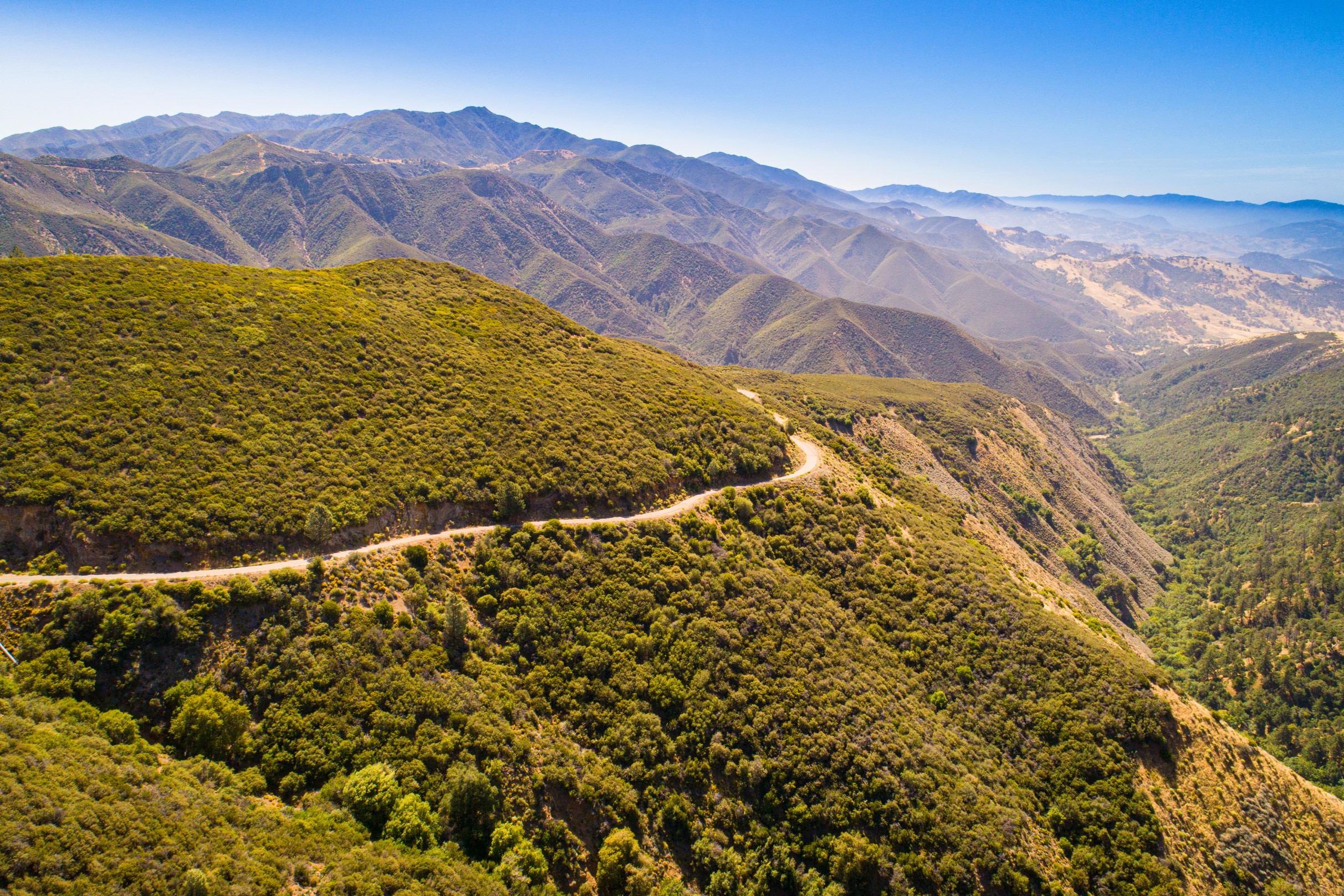 aerial view of road in the mountains of Los Padres National Forest, California
