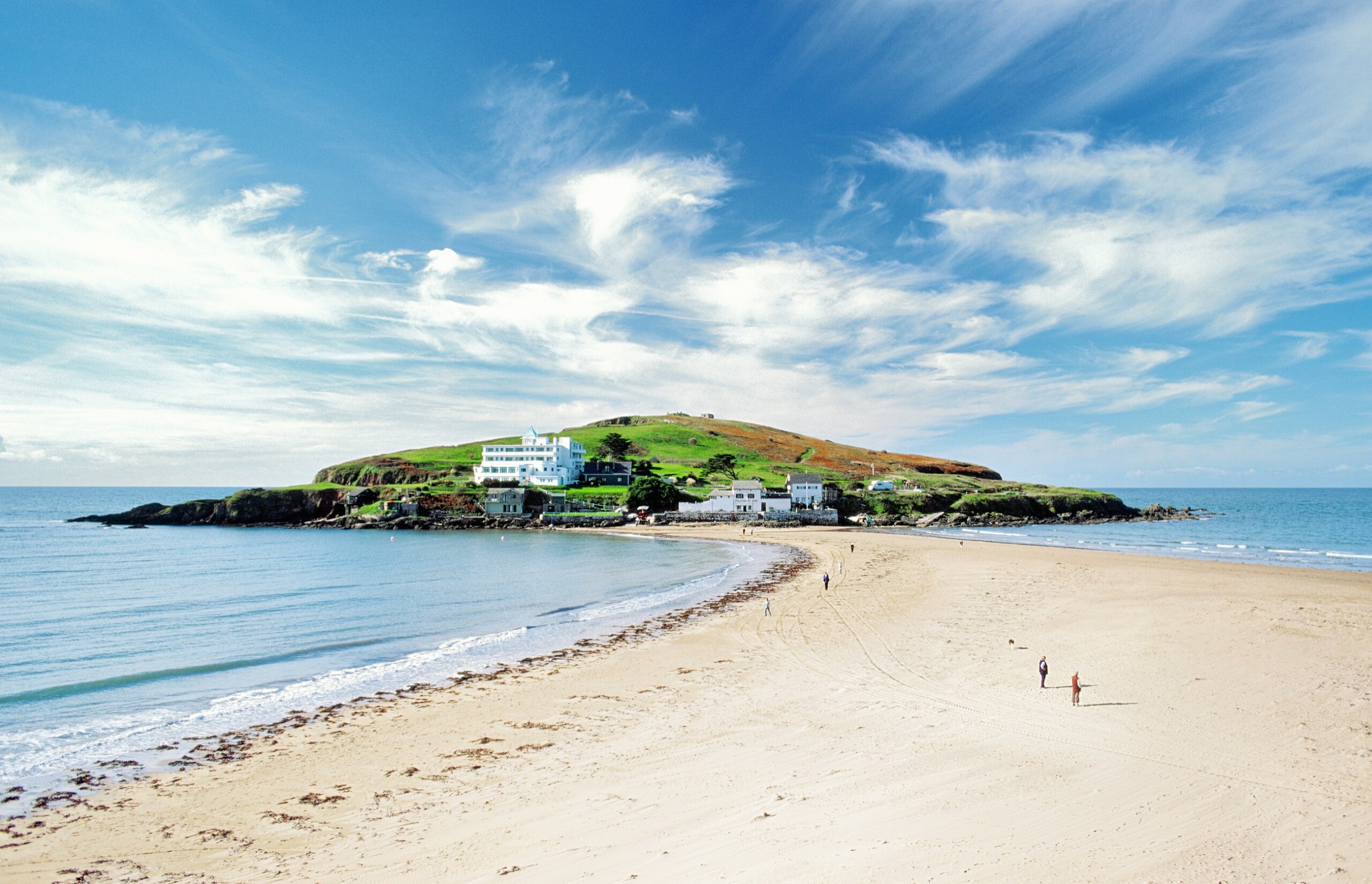 Art Deco Burgh Island Hotel and tidal causeway to Burgh Island on the coast of South Devon at Bigbury on the English Channel
