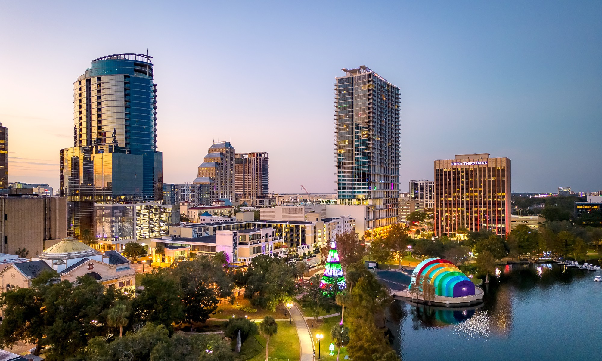 Aerial view of downtown Orlando, Florida at Lake Eola, December 2022.
