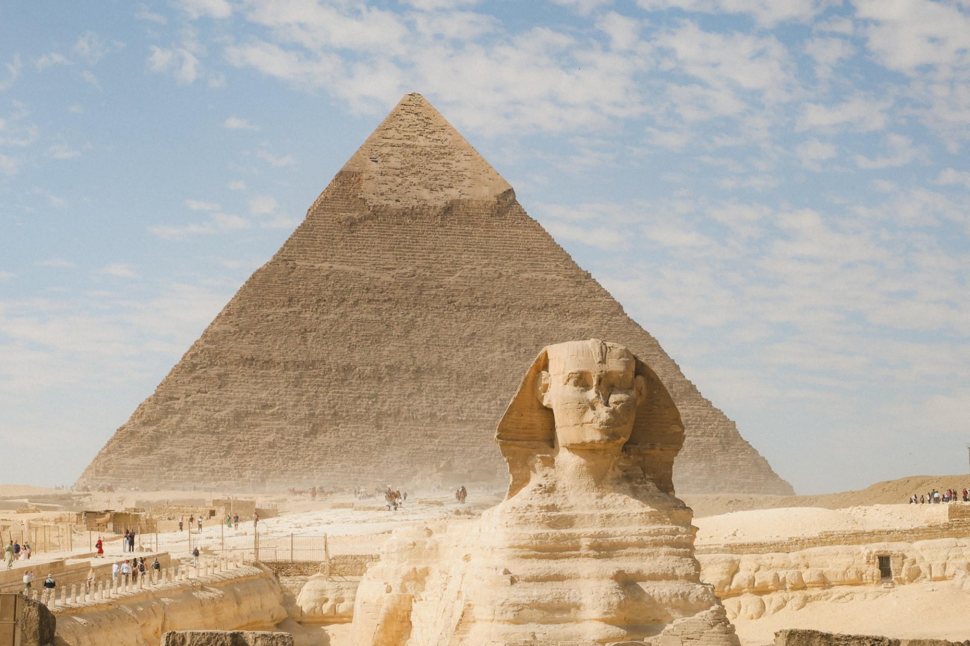 The sphinx located just in front of the pyramids. 