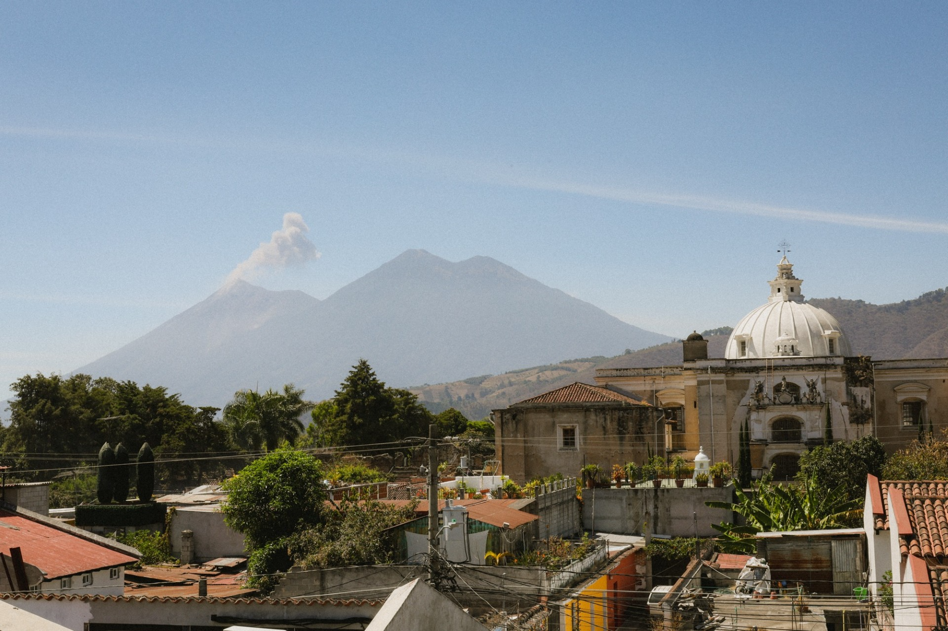 Views of Volcán Fuego & Acatenango from the rooftop of our guesthouse.