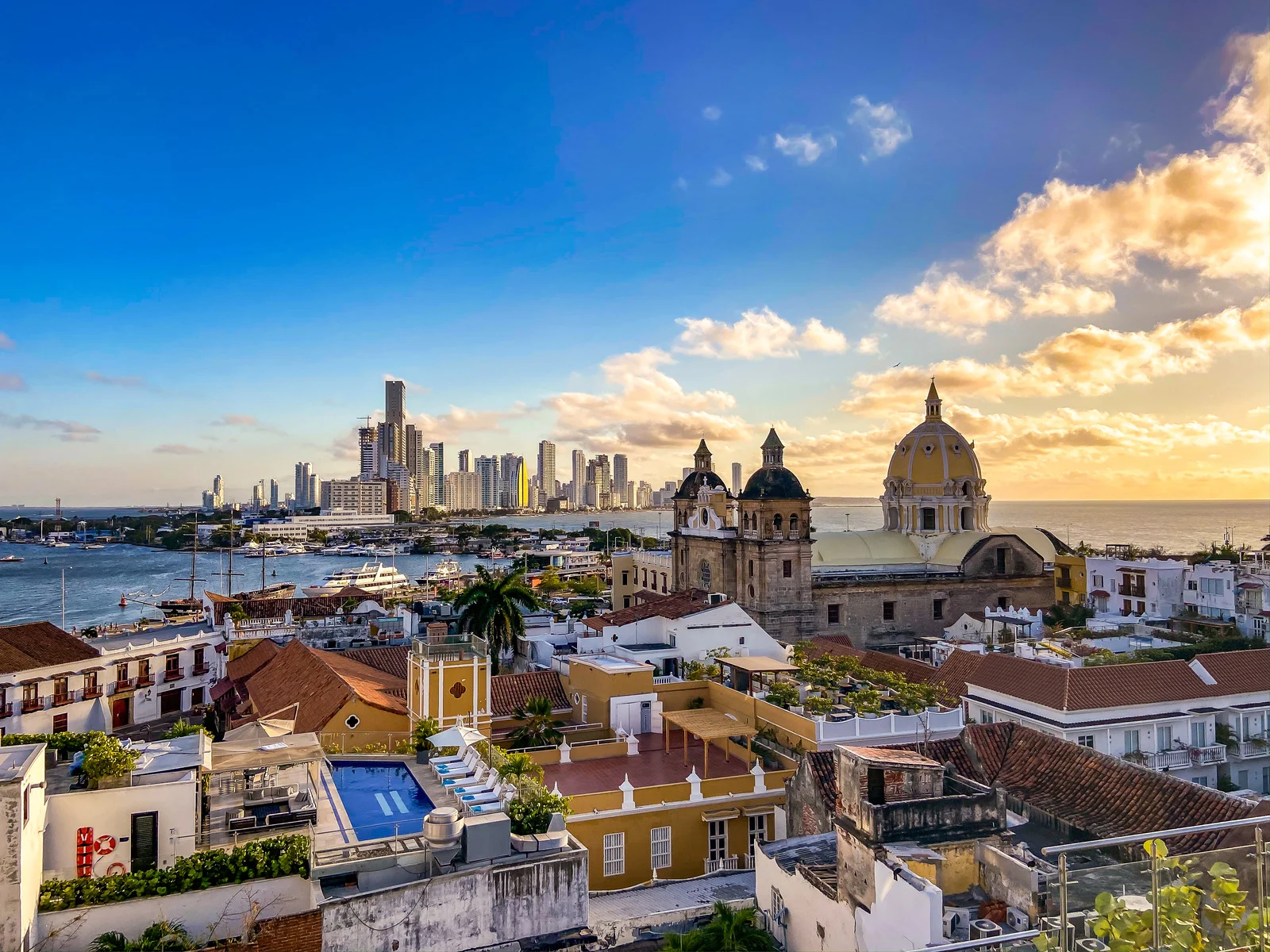sunset view of Cartagena Colombia with colonial buildings and skyline