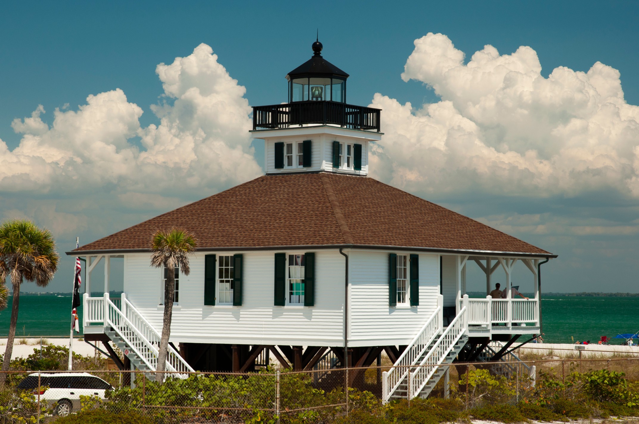 Boca Grande Lighthouse at the beach and beautiful sky in background, Gasparilla Island, Gulf of Mexico, Florida, USA
