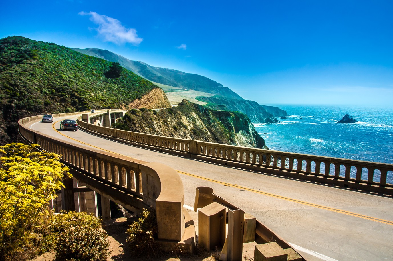 Bixby Creek Bridge on Pacific Coast Highway curving along the Big Sur coastline in California with the Pacific Ocean below