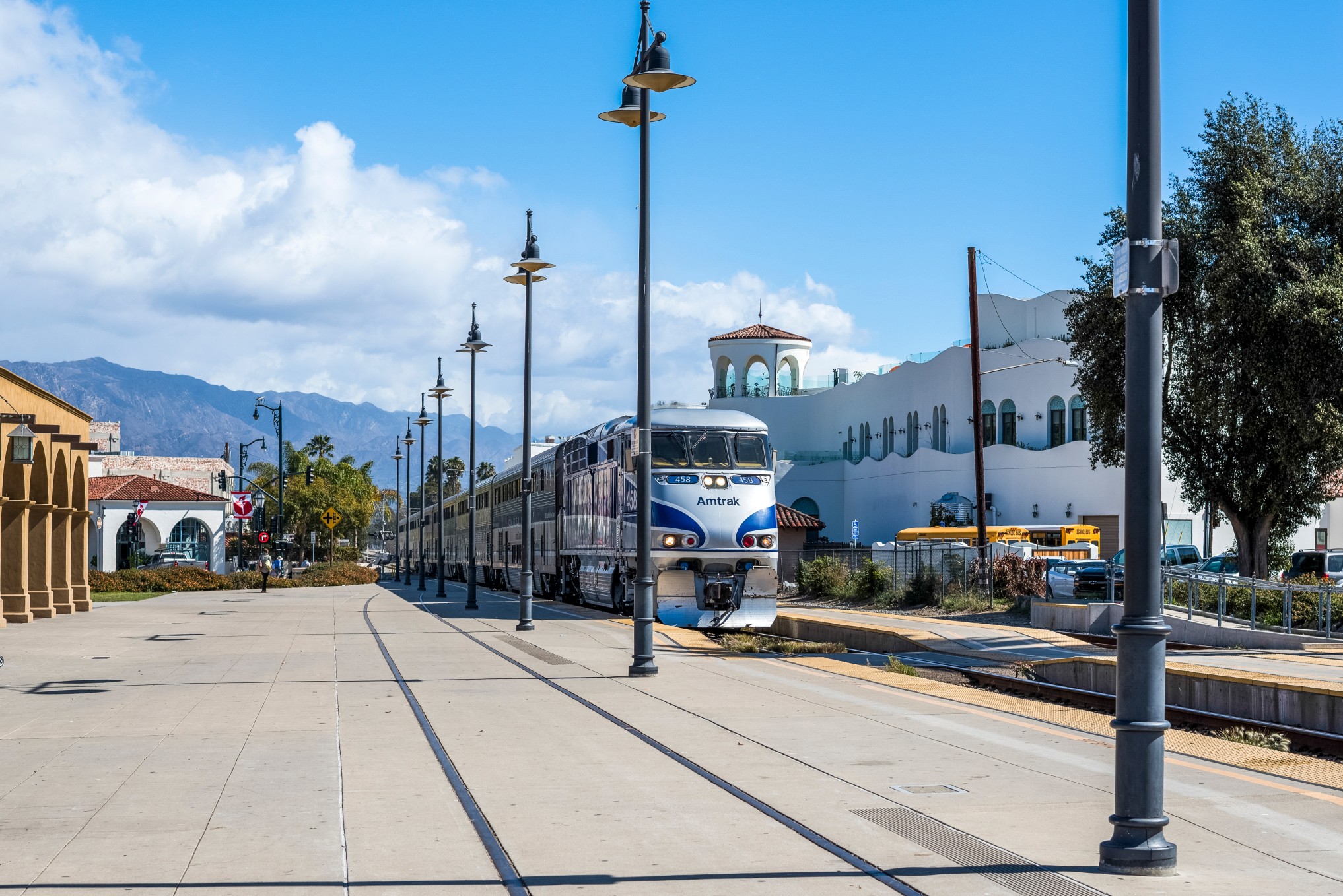 Santa Barbara, California - Únited States - February 27 2018: Amtrak Pacific Surfliner train at the Santa Barbara station in California