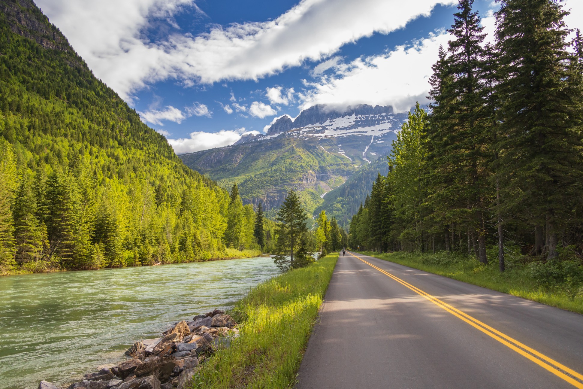 Upper McDonald Creek and Going-to-the-Sun Road with mountain background, Glacier National Park, Montana
