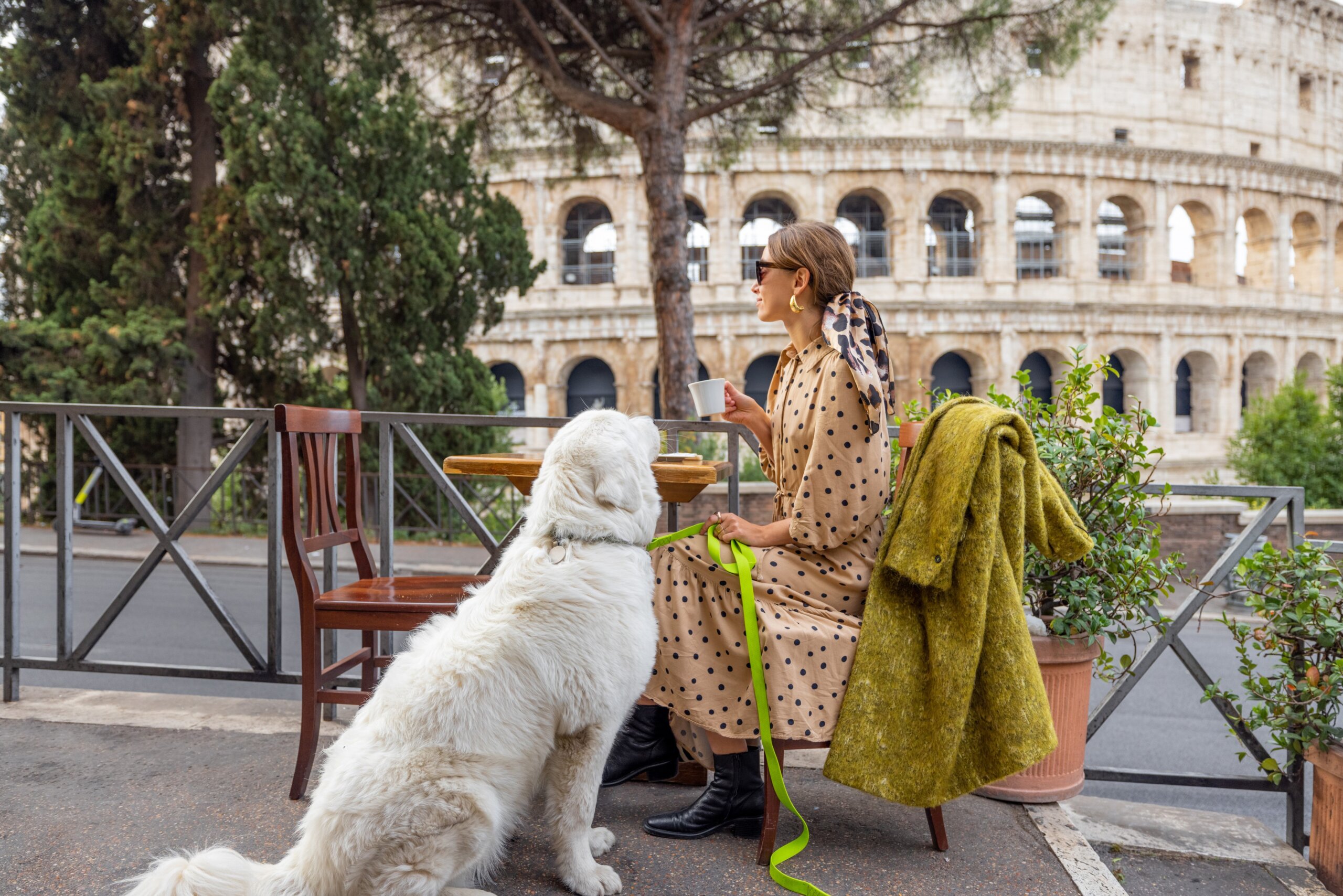 woman sitting at outdoor café in Rome with dog near the Colosseum