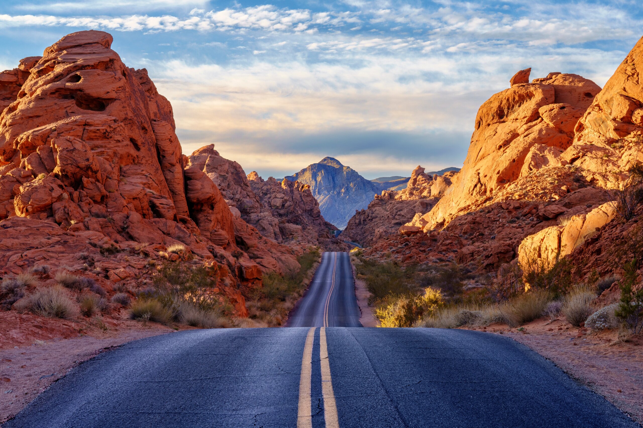 desert road through red rock formations in Valley of Fire Nevada