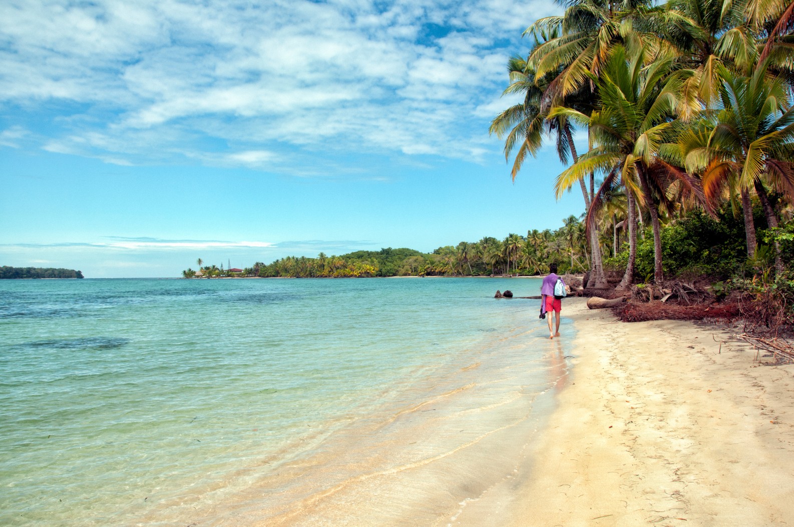 Costa Rica, Osa Canton, Central American region, North America - wild coast of the Pacific Ocean, Corcovado National Park on Osa Peninsula, young male walking barefoot on wild sandy beach