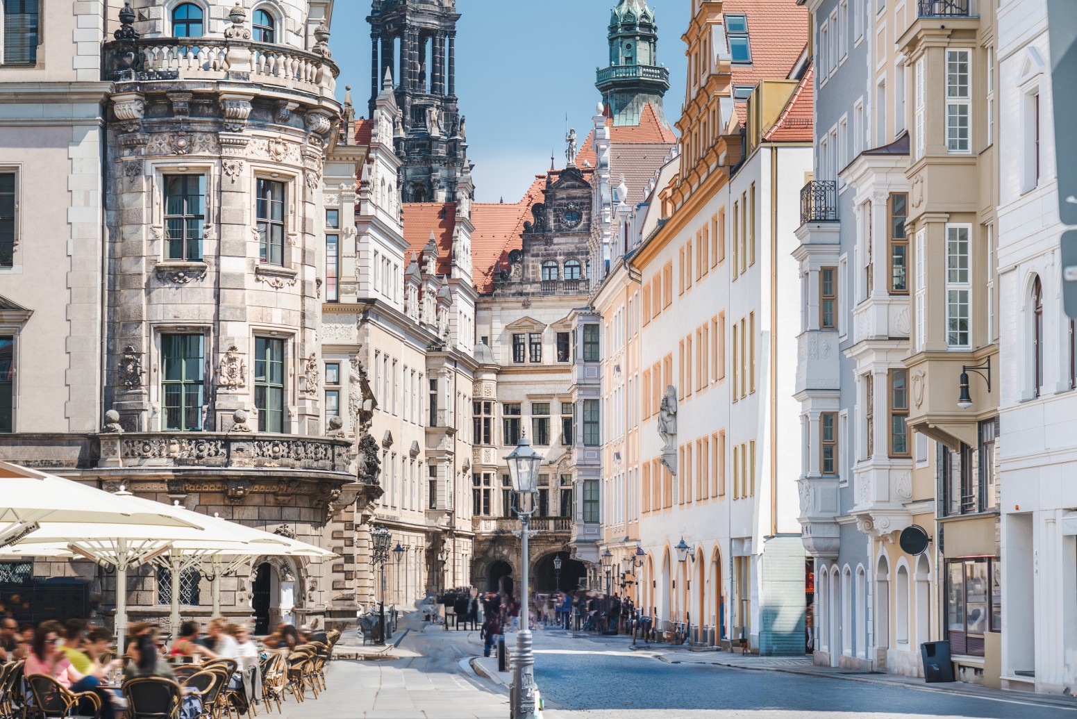 Center of European old city. Cityscape. Dresden. Facades of old tenement houses.
