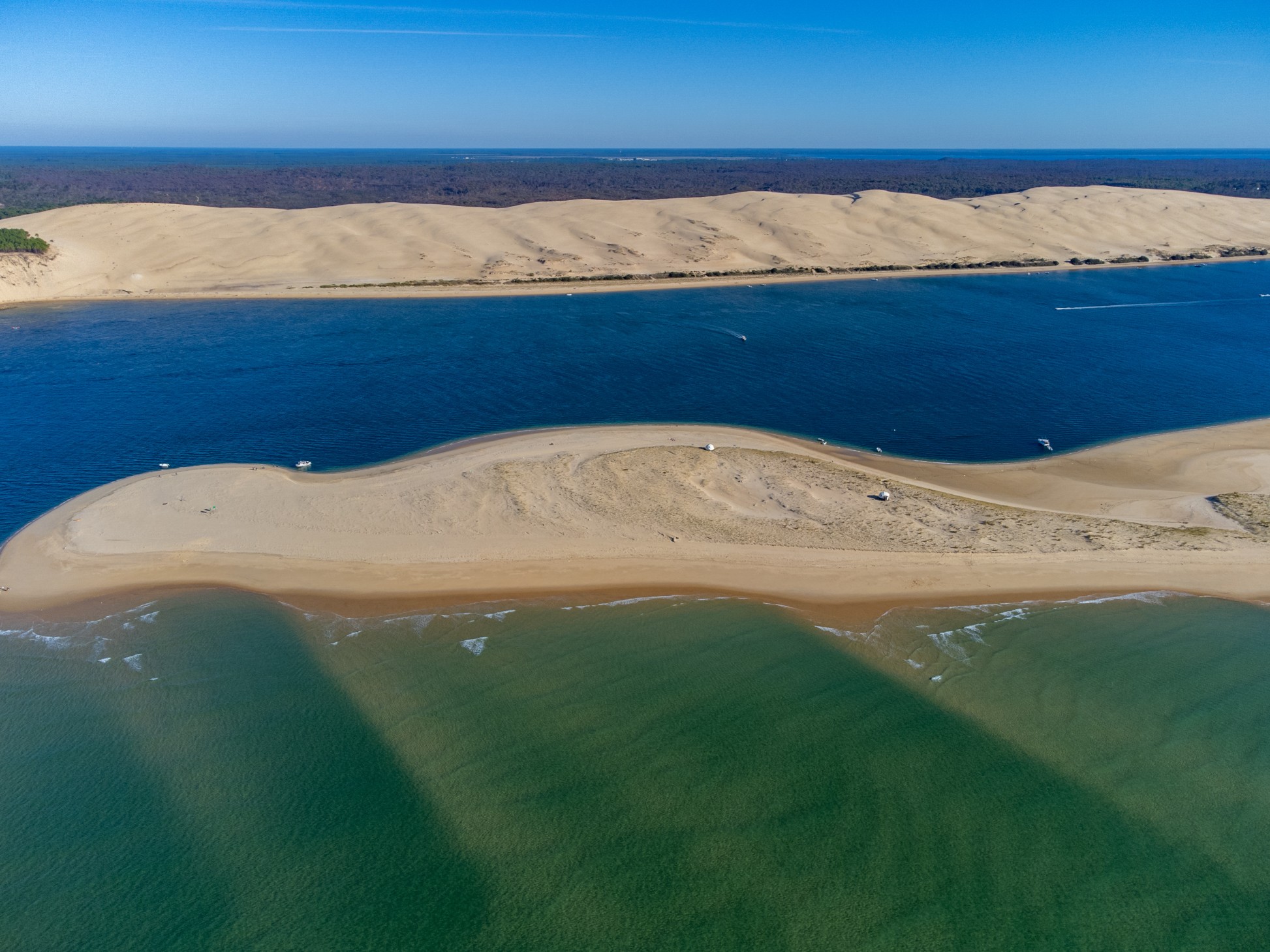 Aerial view of Dune of Pilat tallest sand dune in Europe located in La Teste-de-Buch in Arcachon Bay area, France southwest of Bordeaux along France's Atlantic coastline