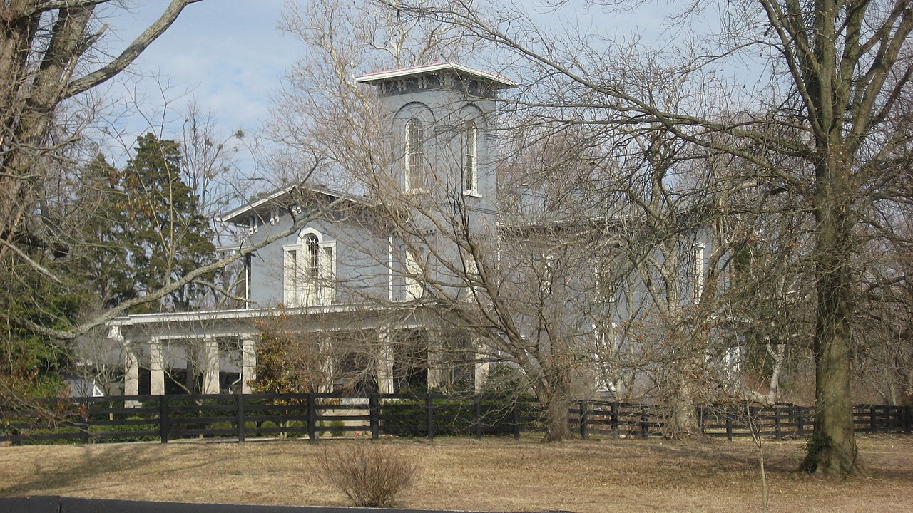 Front and southern side of the Nock House, located at 1401 Elm Road in Anchorage, Kentucky, United States. Built in 1858, it is listed on the National Register of Historic Places.