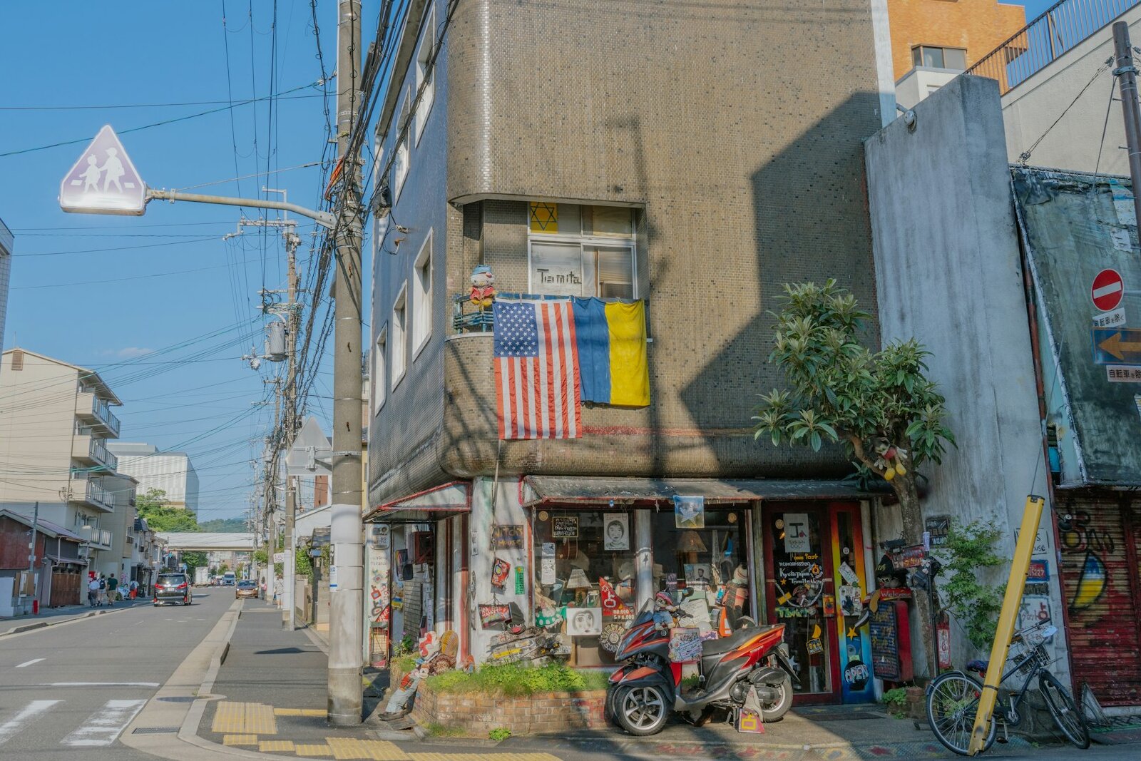 american flag displayed on building in international city street
