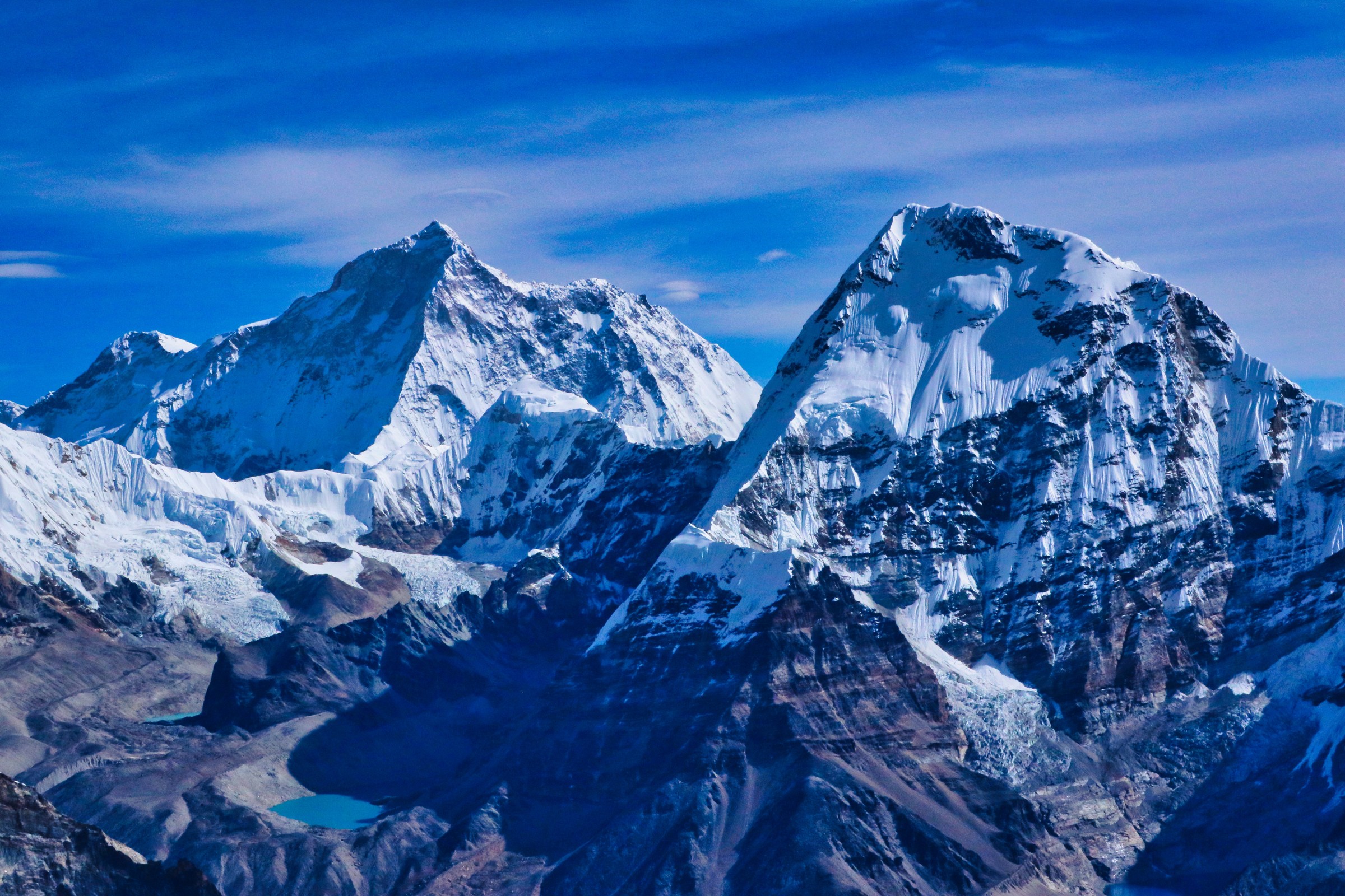 Stunning view of Mount Makalu summit and south west face,8485m,5th highest mountain with Chamlang,7319 m in the foreground seen from summit of Mera Peak Central