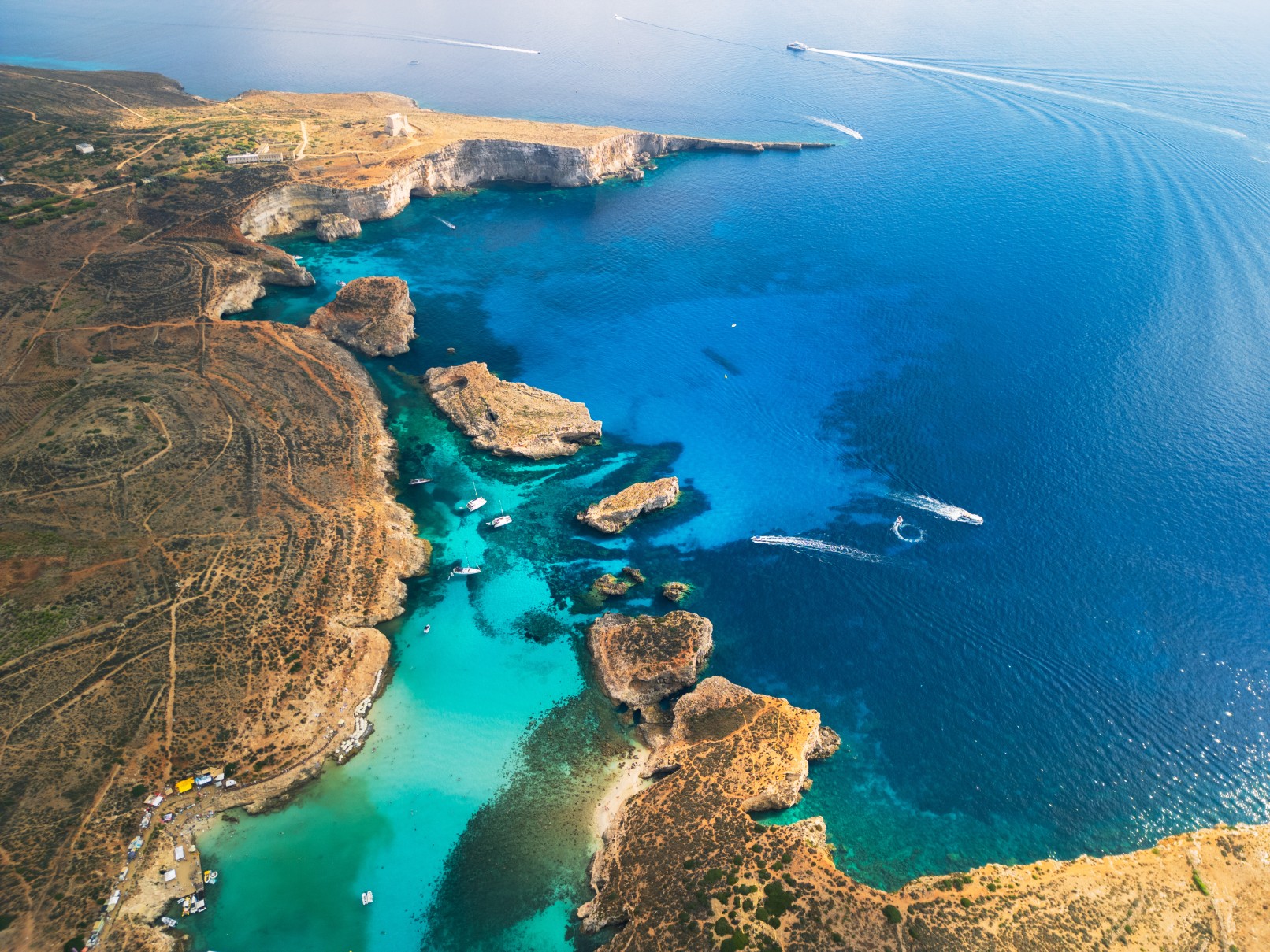 Blue Lagoon on Comino Island, Malta - aerial drone view