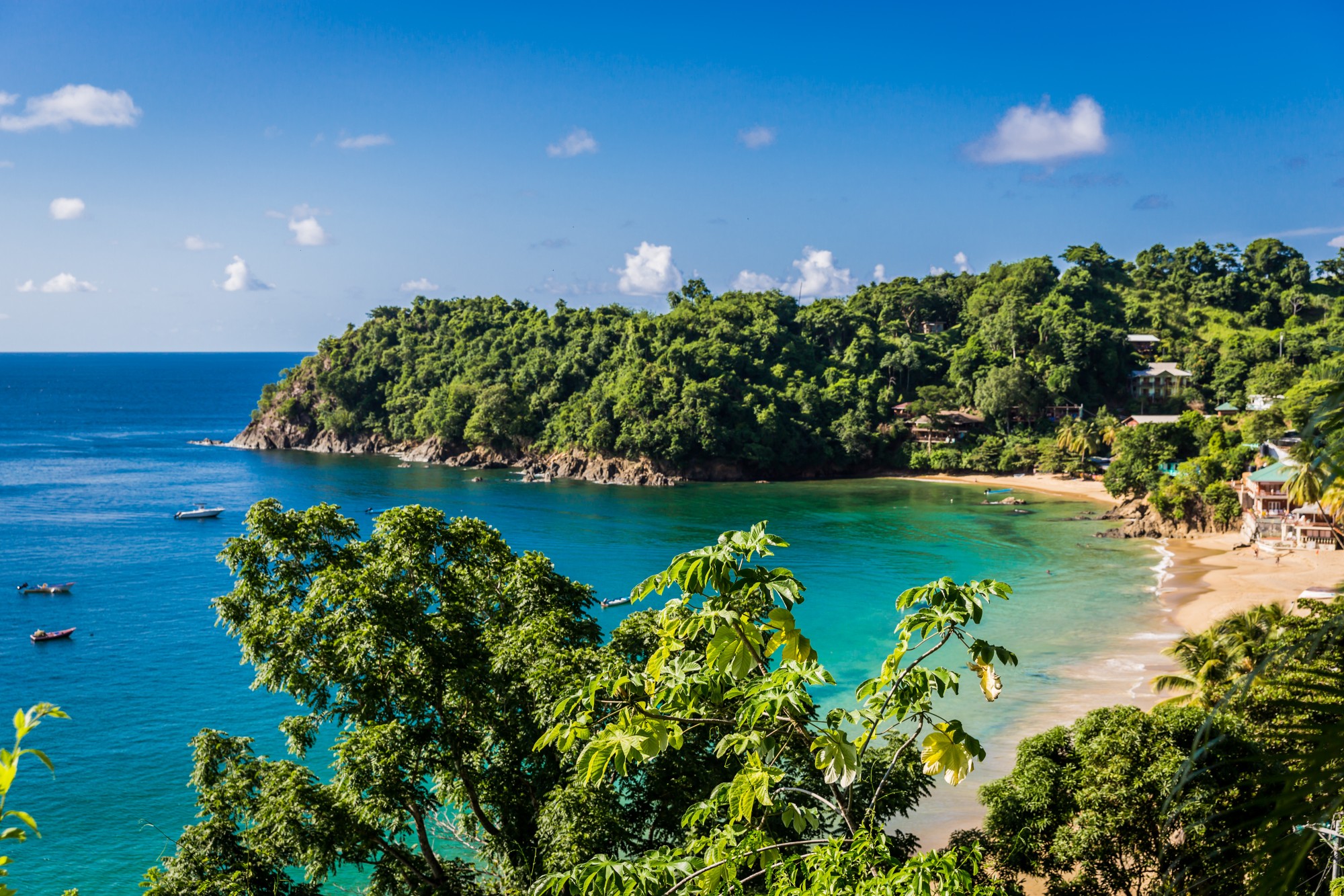 Lush green hillside and turquoise Caribbean bay with small boats anchored and sandy beach below under a blue sky
