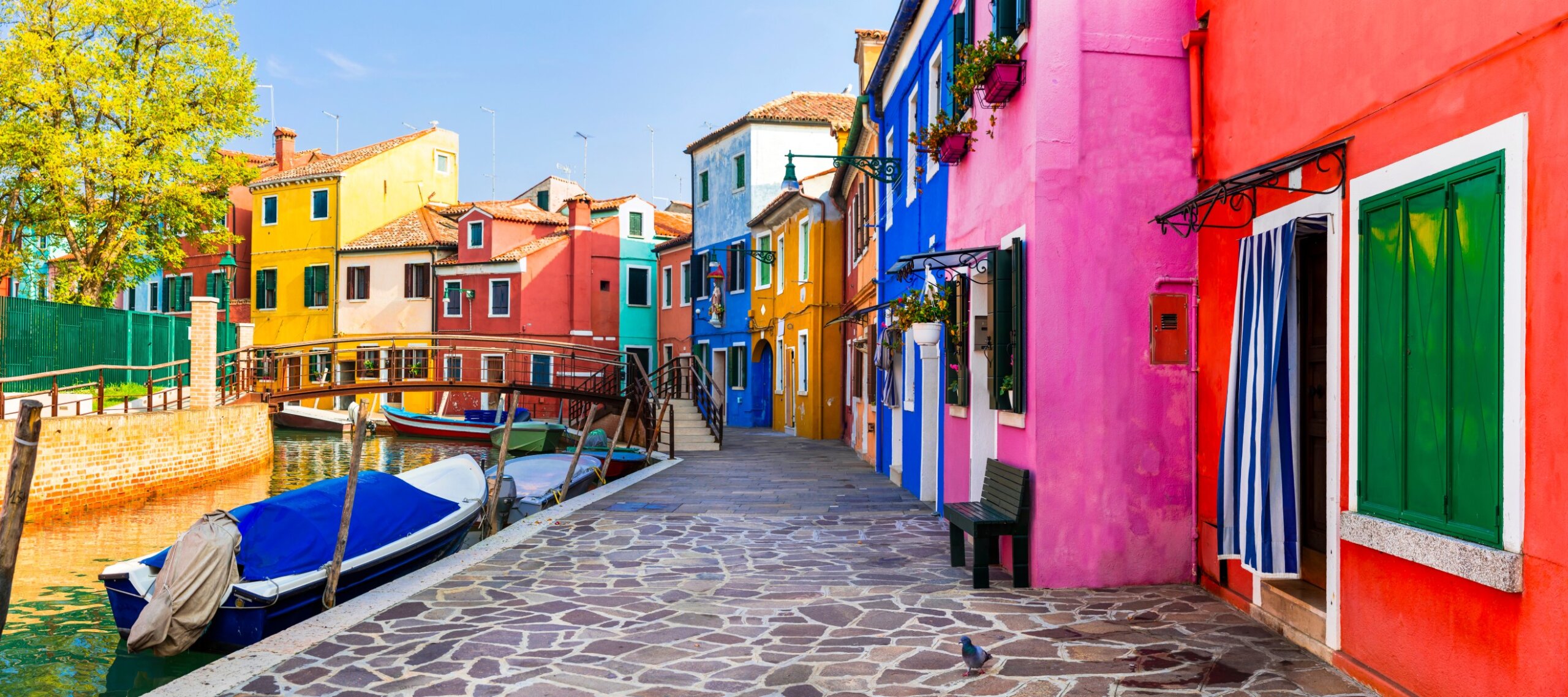 taly Venice Burano Island High Resolution 13K Panorama of Empty Canal with Colorful Houses and Boats Vivid Architecture and Traditional Facades in Venetian Lagoon. Wall art print Italian Streets